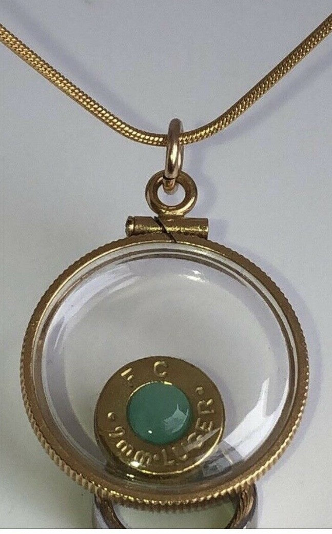14k gold filled 9mm bullet necklace, back to back view locket, floating emerald