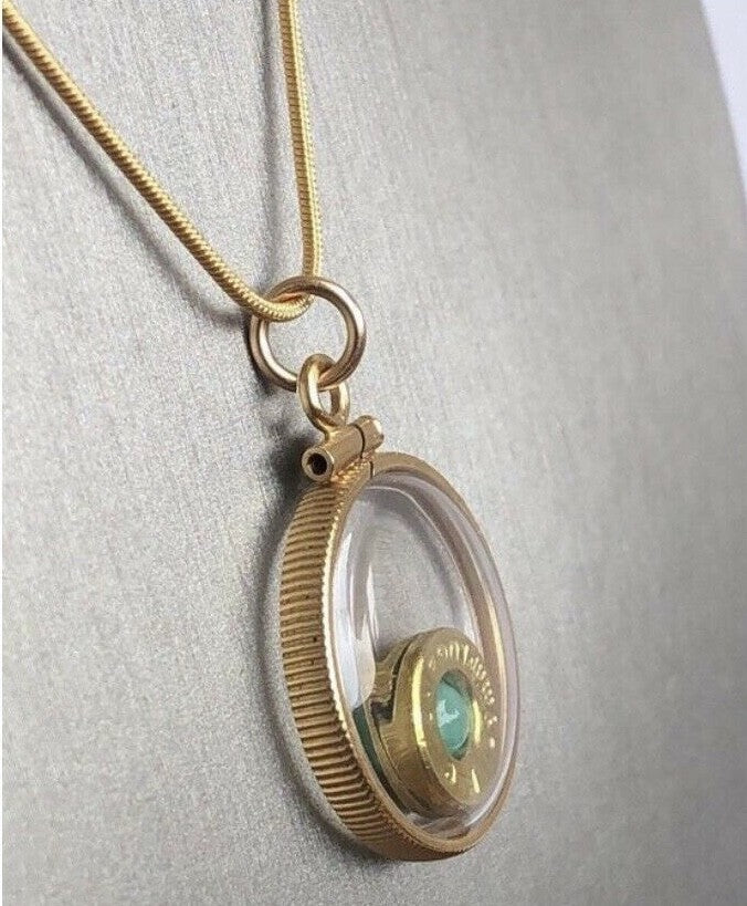 14k gold filled 9mm bullet necklace, back to back view locket, floating emerald