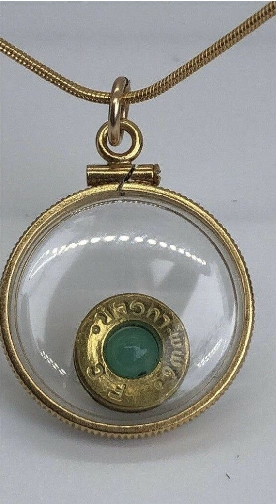 14k gold filled 9mm bullet necklace, back to back view locket, floating emerald