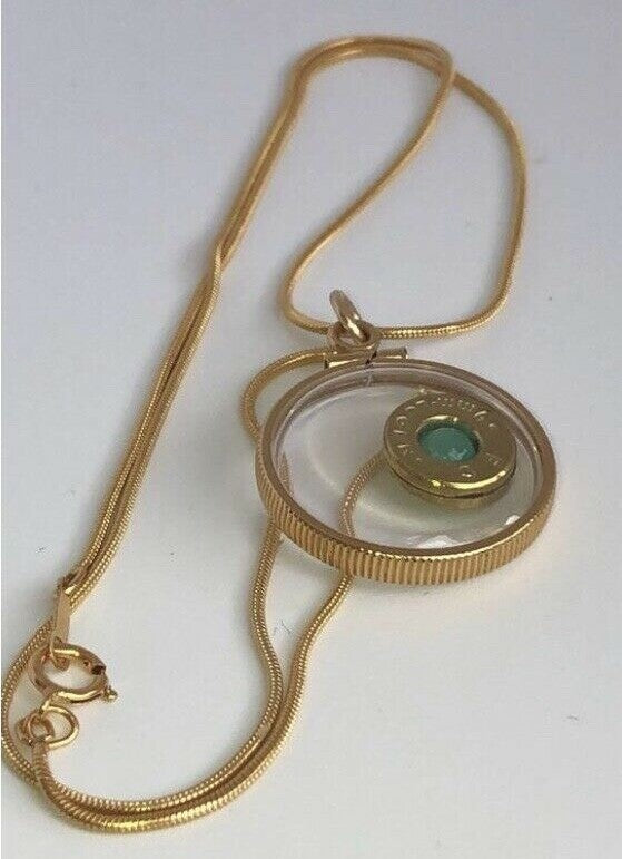 14k gold filled 9mm bullet necklace, back to back view locket, floating emerald