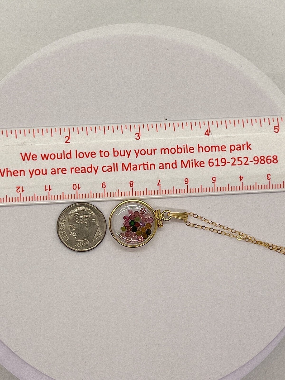 14k Solid gold dime size Lucite Shaker Locket w/ Sapphire, September birthstone