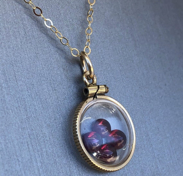 15 mm Vintage 12k gold filled shaker locket with 1.16 TCW cabochon garnet gems