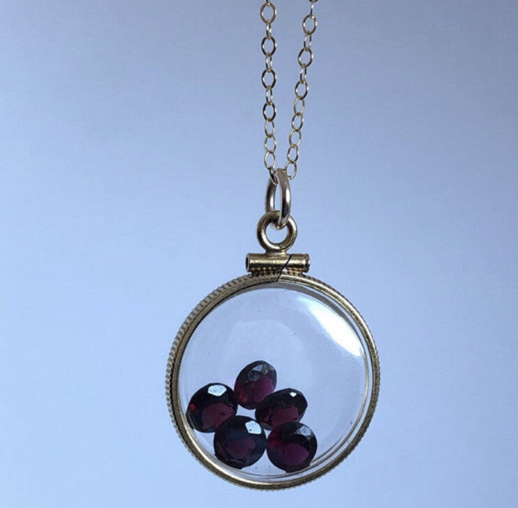20mm 14k gold filled Shaker locket, 3.55 TCW genuine Garnet gems, January Birth