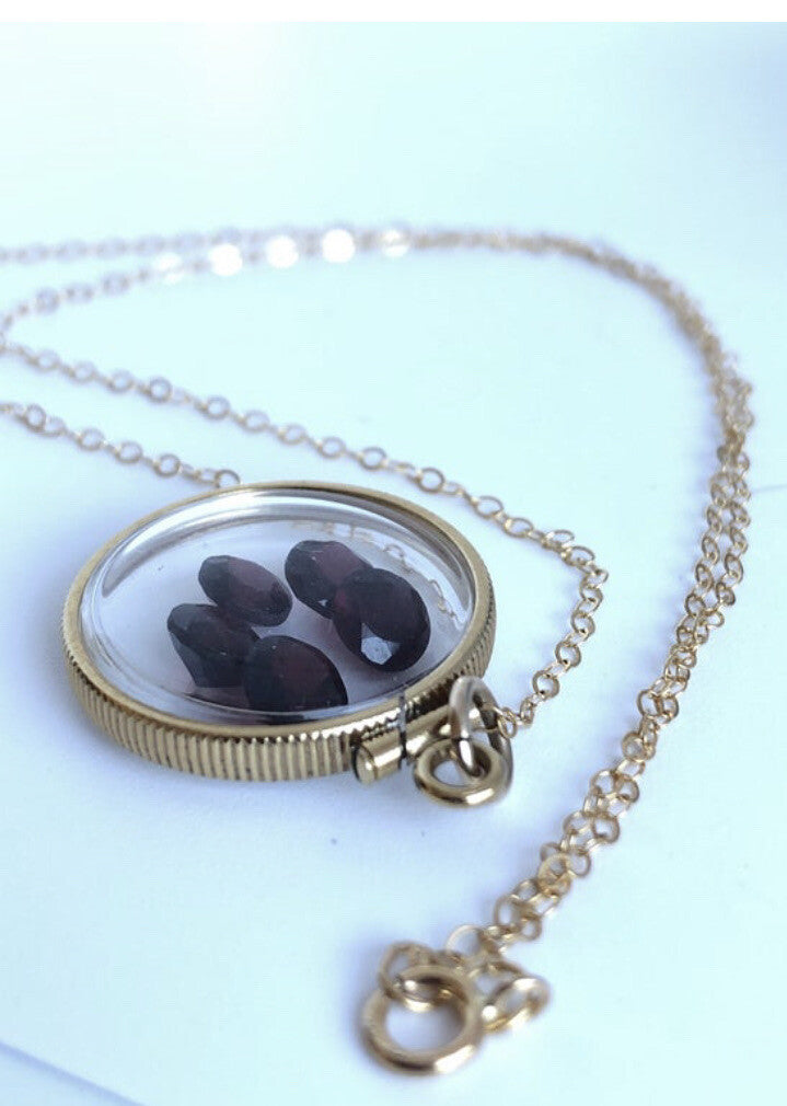 20mm 14k gold filled Shaker locket, 3.55 TCW genuine Garnet gems, January Birth