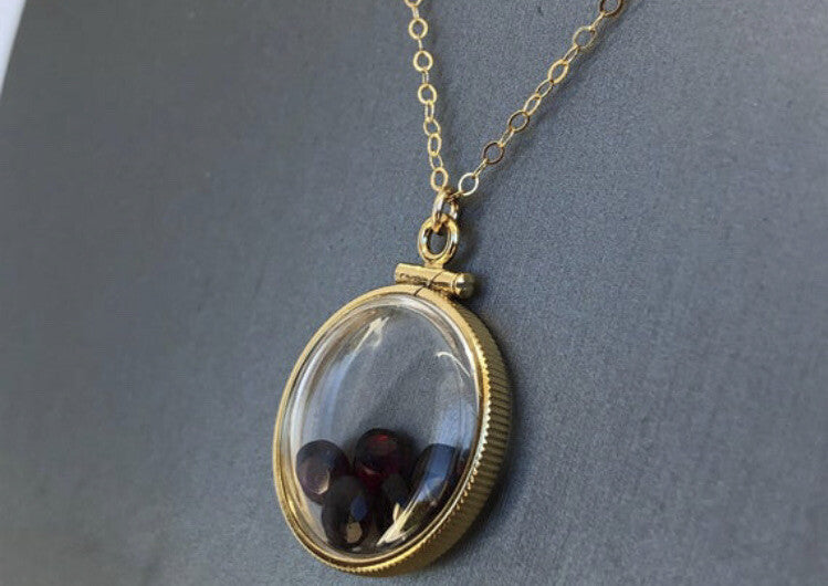20mm 14k gold filled Shaker locket, 3.55 TCW genuine Garnet gems, January Birth