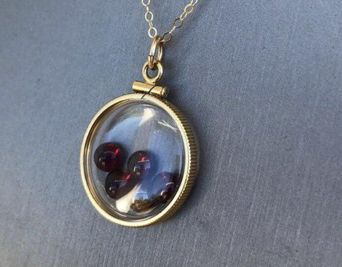 20mm 14k gold filled Shaker locket, 3.9 TCW genuine Garnet gems, January Birth