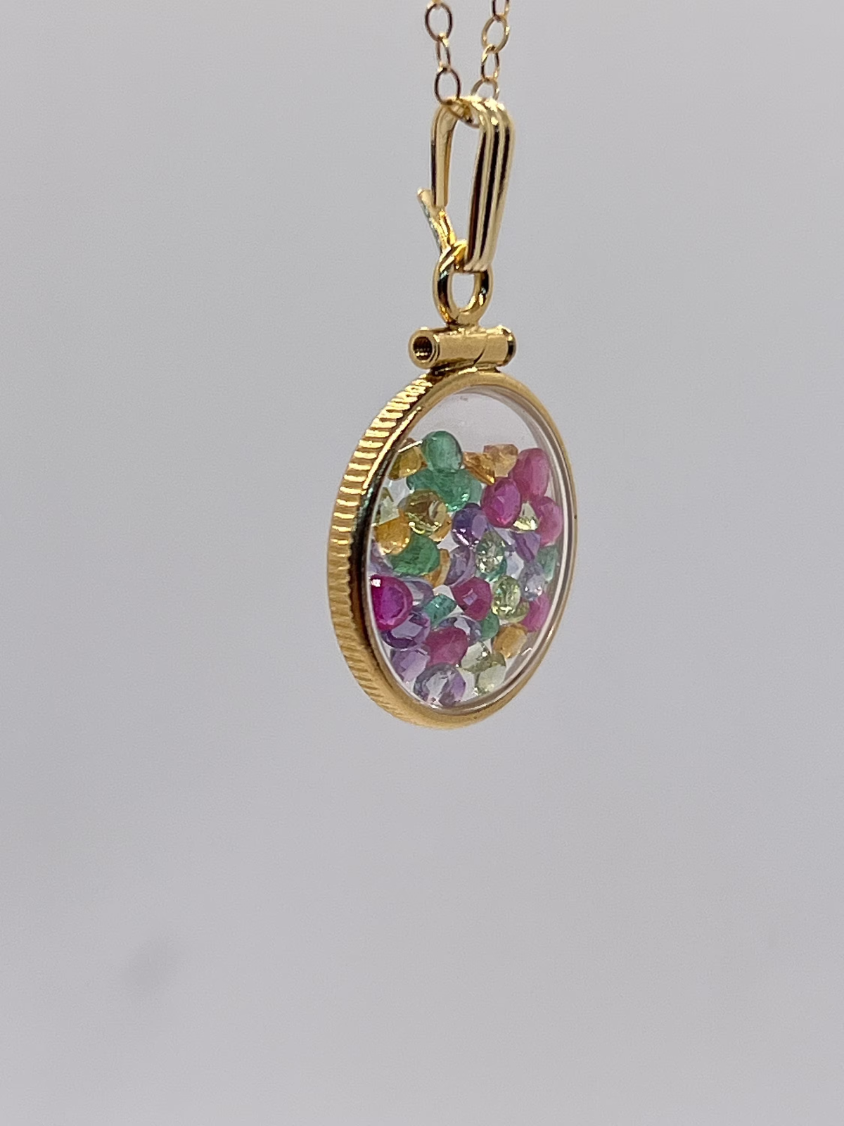 14k Solid gold Lucite Shaker Locket ruby, tanzanite, amethyst, emerald, peridot