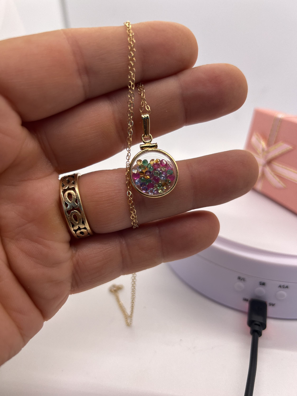 14k Solid gold Lucite Shaker Locket ruby, tanzanite, amethyst, emerald, peridot