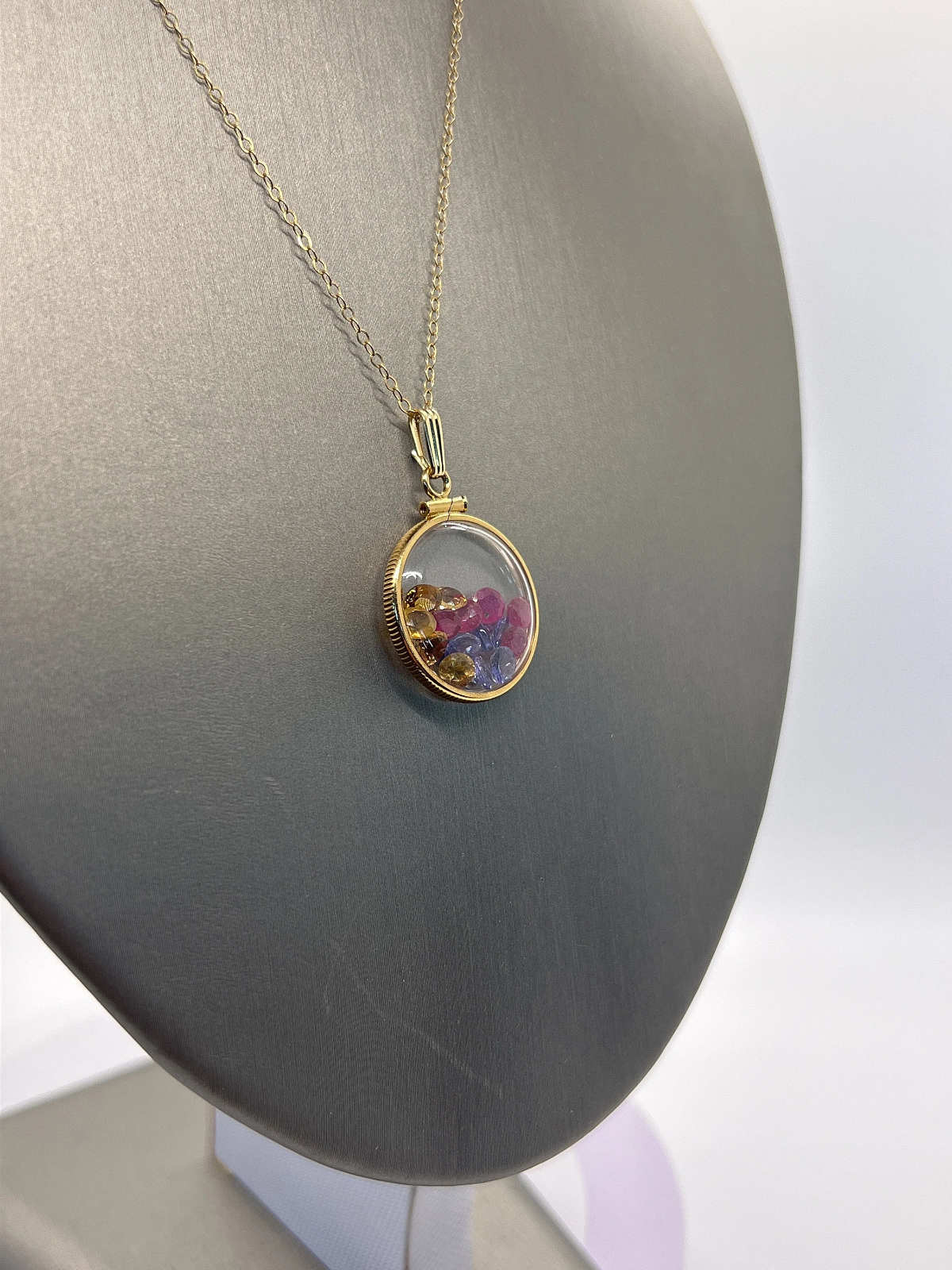 14k Solid gold Lucite Shaker Locket ruby, tanzanite, amethyst, emerald, peridot