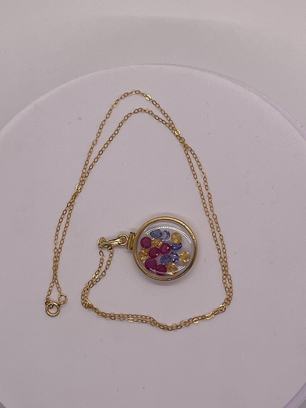 14k Solid gold Lucite Shaker Locket ruby, tanzanite, amethyst, emerald, peridot