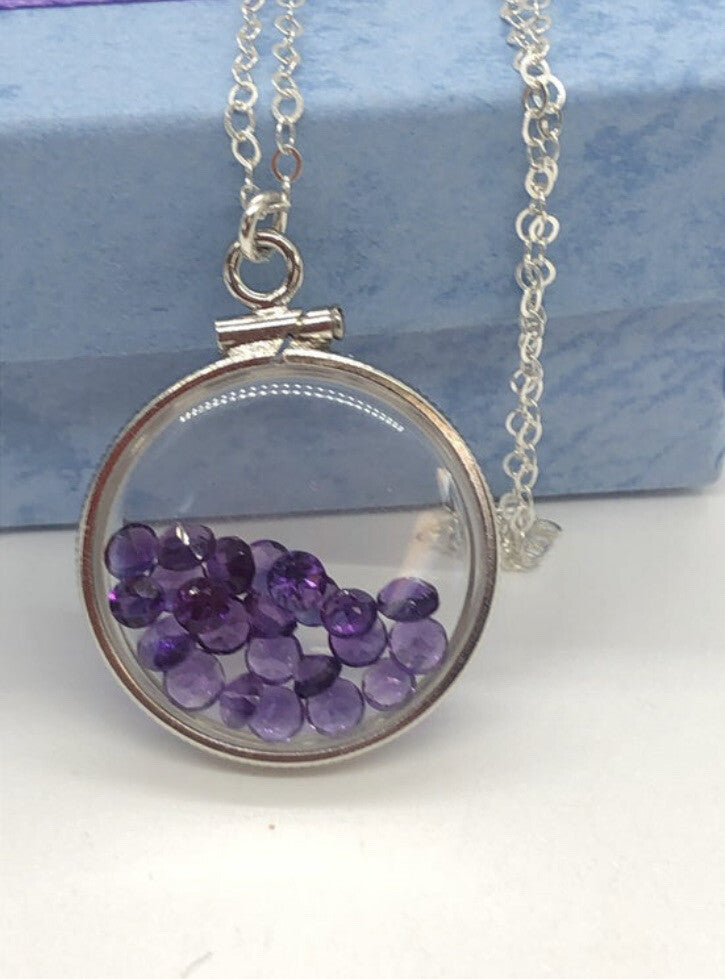 20 mm Sterling Silver Shaker locket with 2.4 TCW genuine Amethyst Gems, Feb