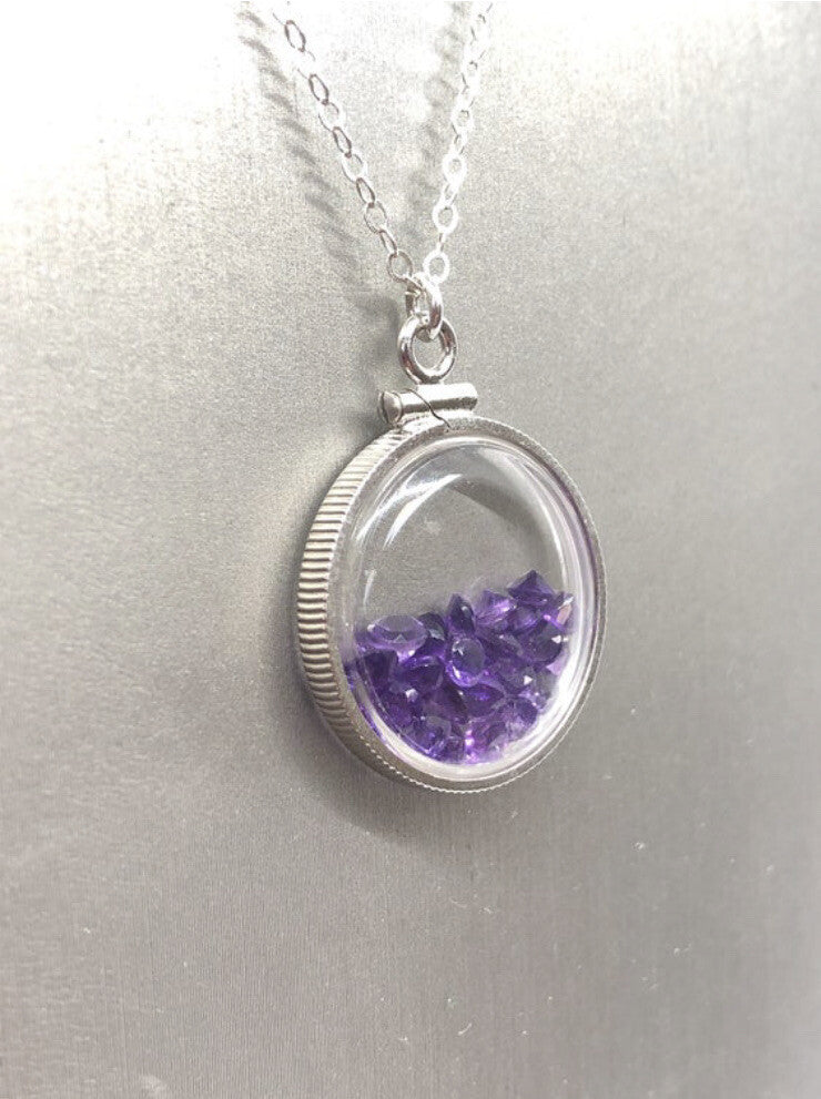20 mm Sterling Silver Shaker locket with 2.4 TCW genuine Amethyst Gems, Feb