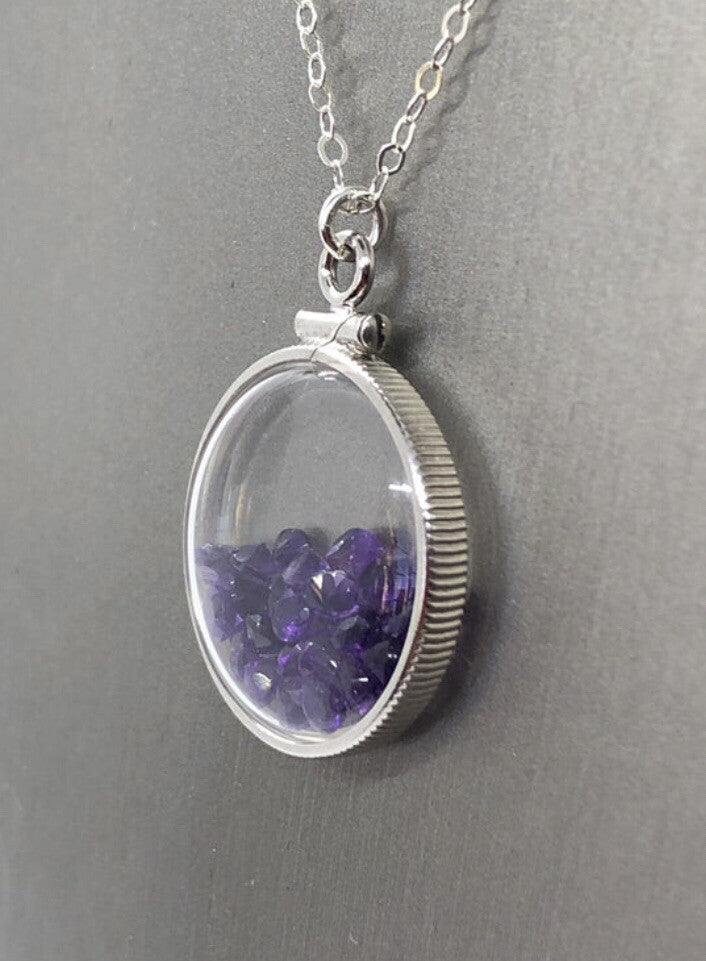 20 mm Sterling Silver Shaker locket with 2.4 TCW genuine Amethyst Gems, Feb