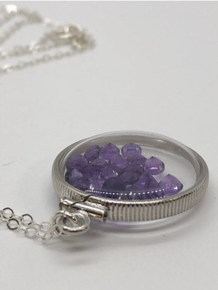 20 mm Sterling Silver Shaker locket with 2.4 TCW genuine Amethyst Gems, Feb