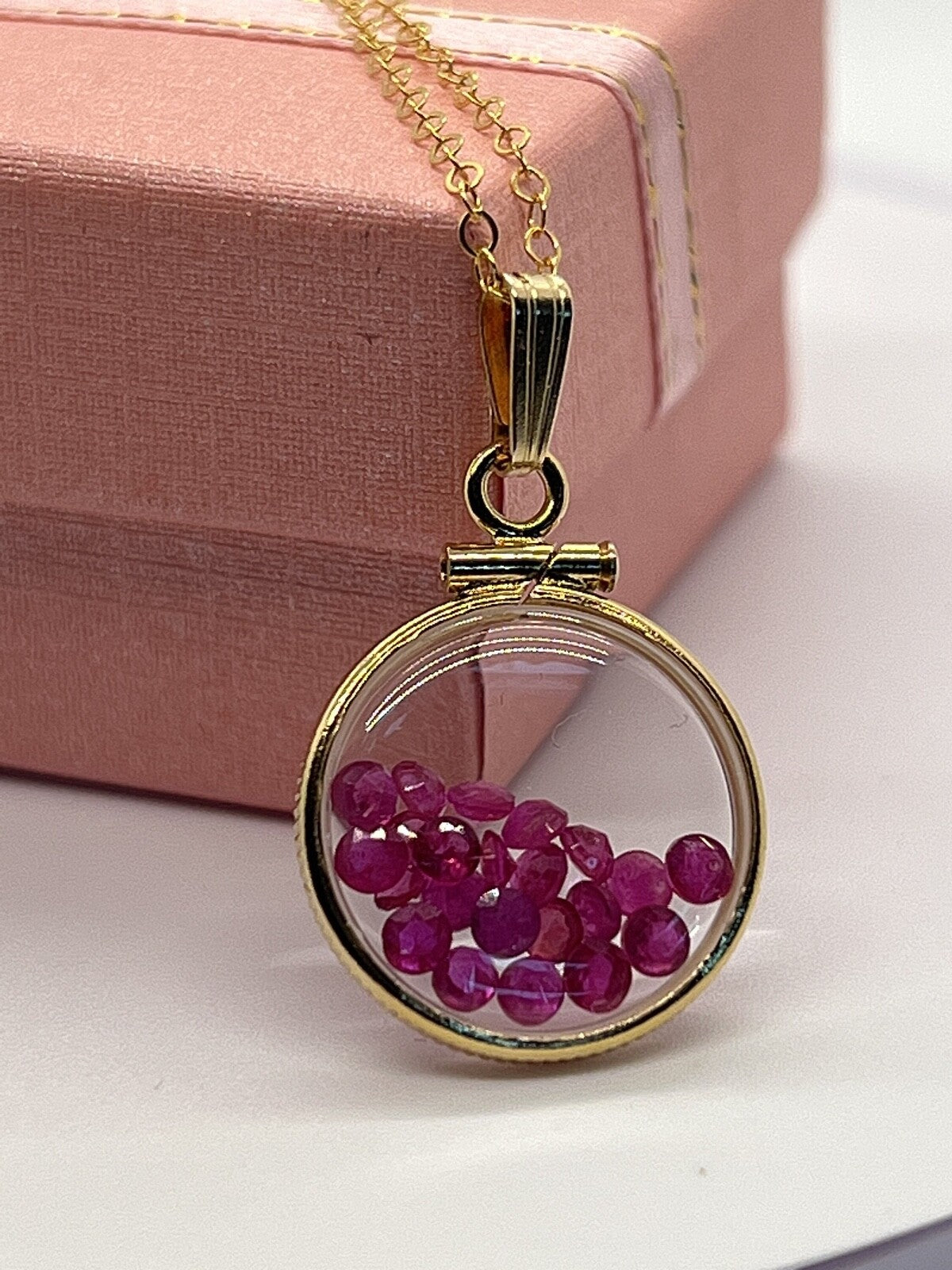 14k Solid gold dime size Lucite Shaker Locket with Rubies July birthday 1.95 ct
