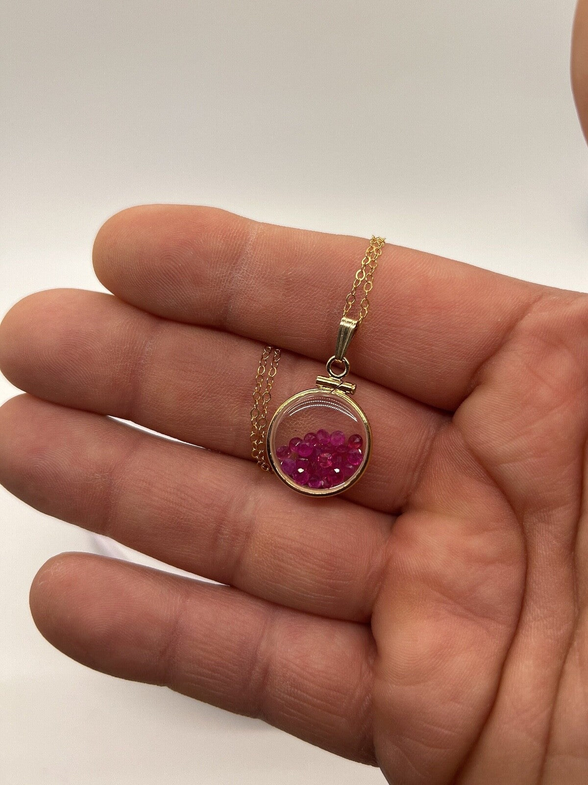 14k Solid gold dime size Lucite Shaker Locket with Rubies July birthday 1.95 ct