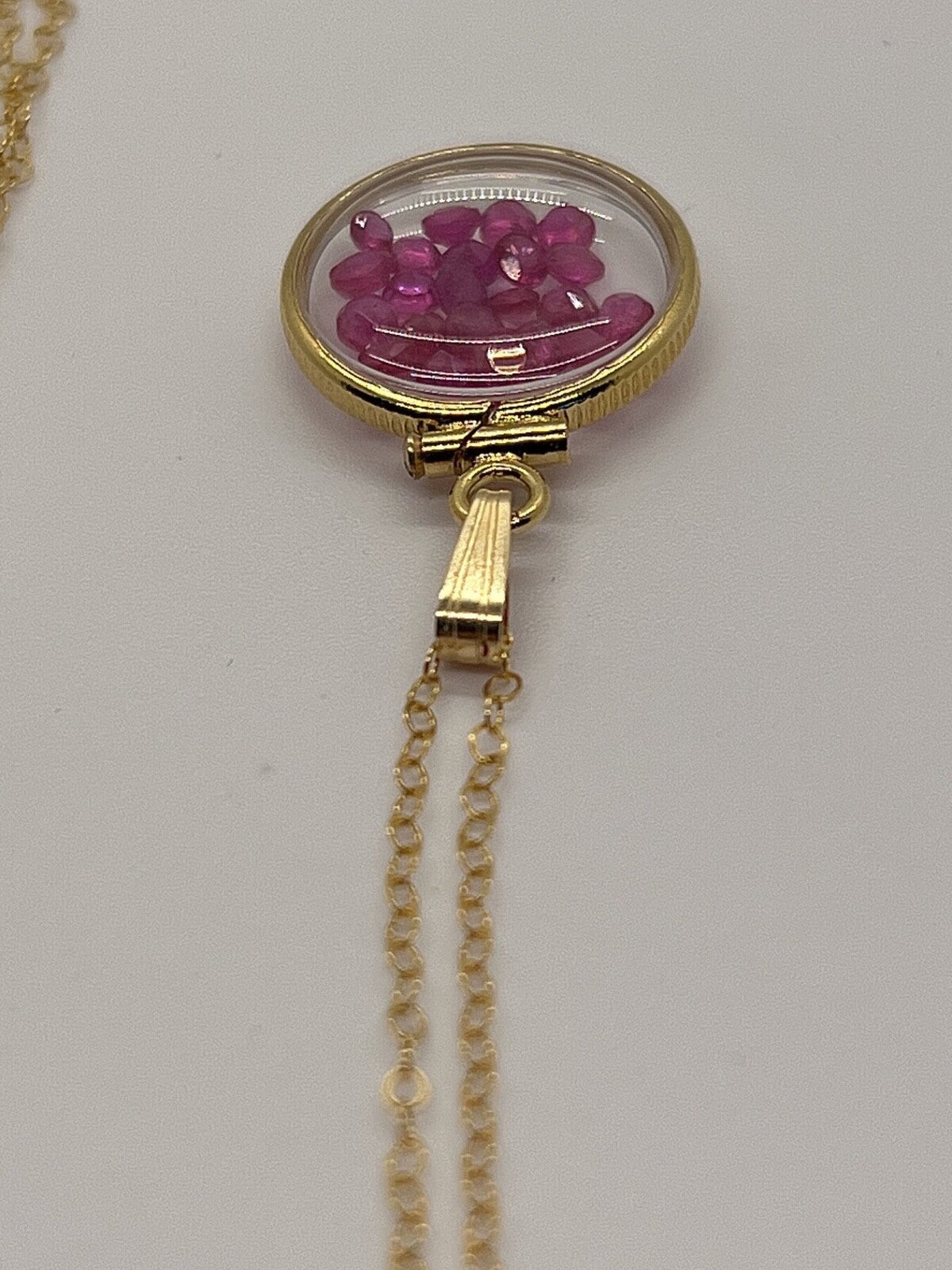 14k Solid gold dime size Lucite Shaker Locket with Rubies July birthday 1.95 ct