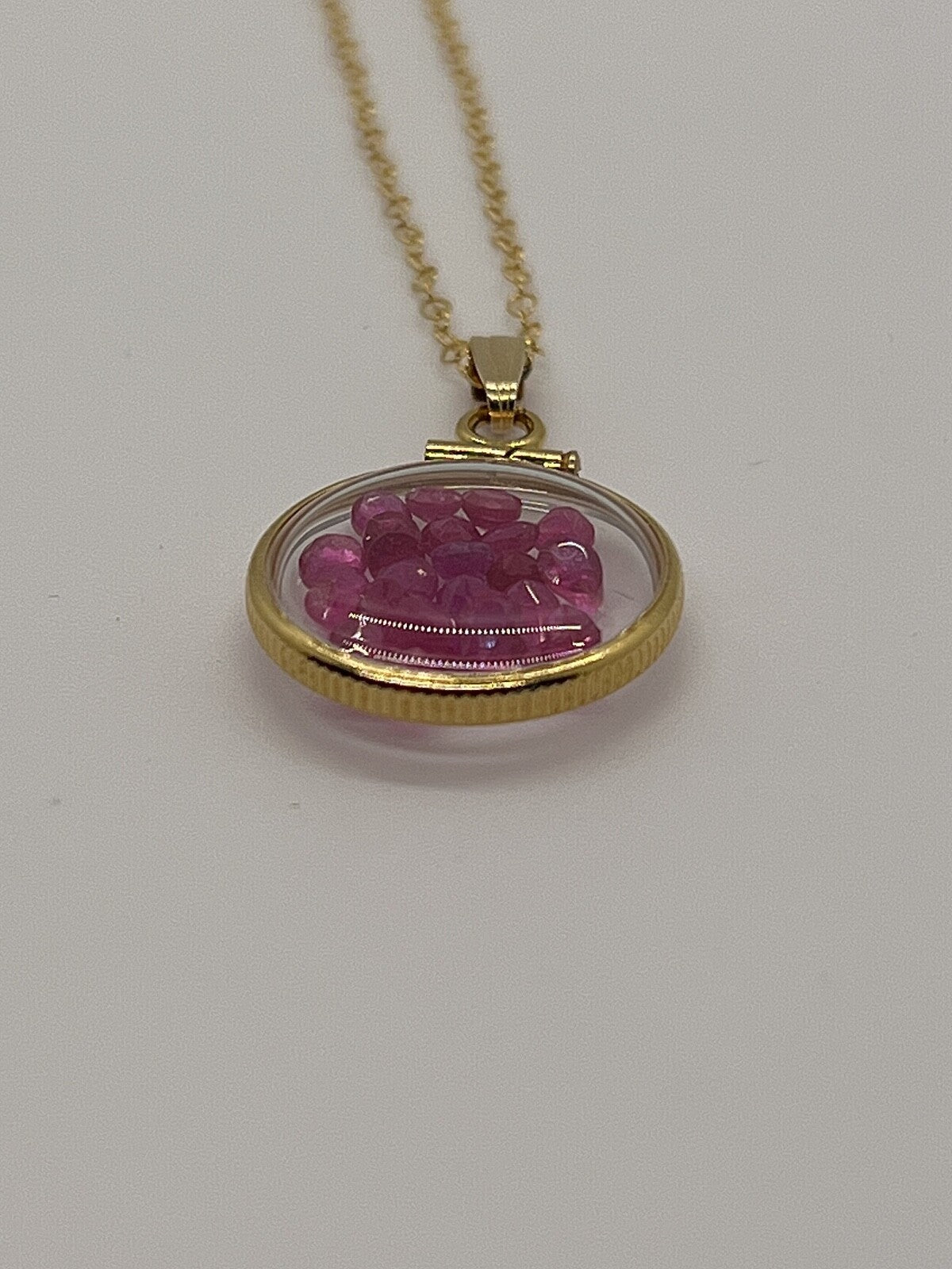 14k Solid gold dime size Lucite Shaker Locket with Rubies July birthday 1.95 ct