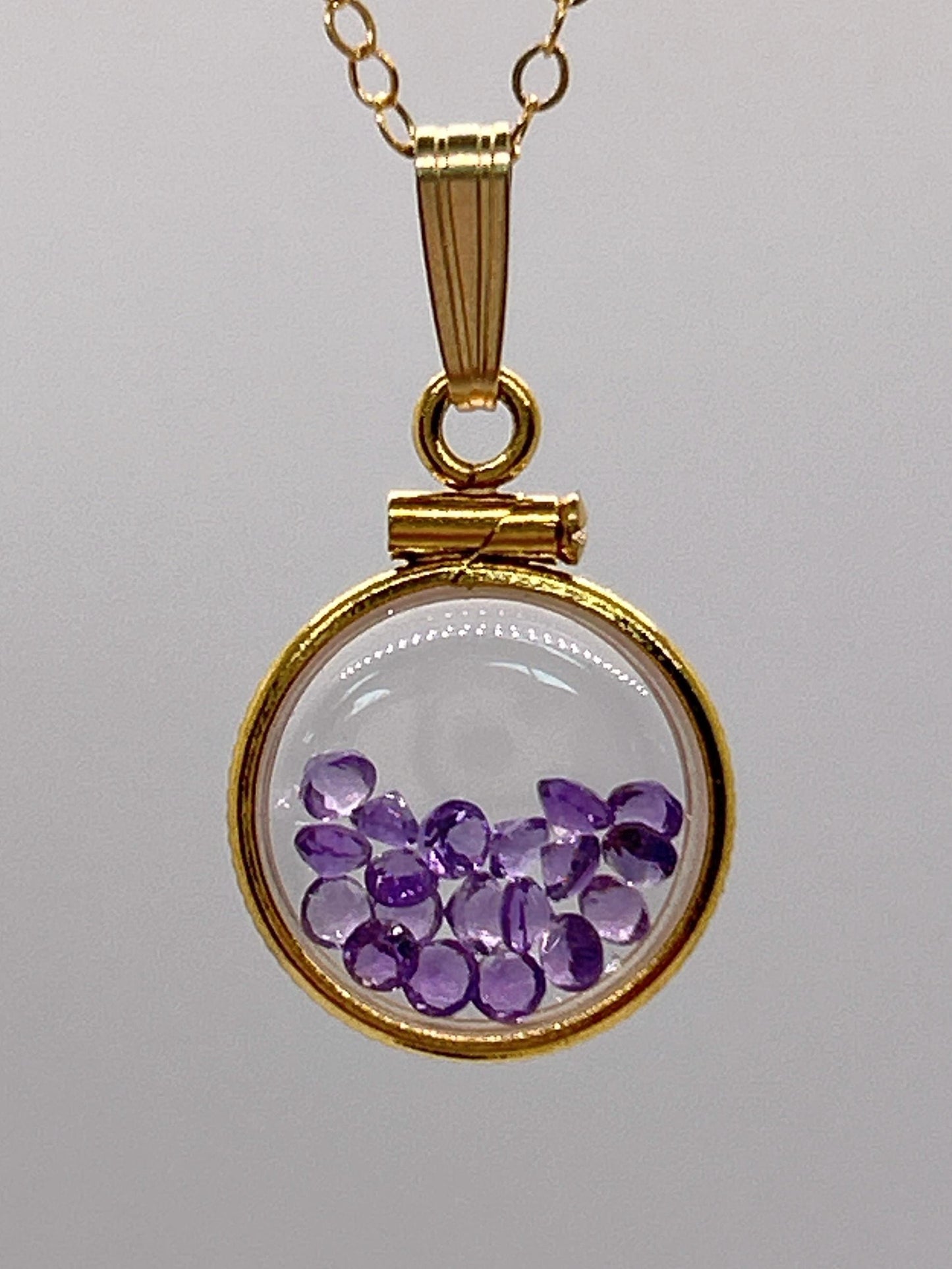 Handmade 12.5 mm 14k gold filled Genuine Gemstone Shaker Locket, 0.75 cttw. Amethyst, February Birthstone