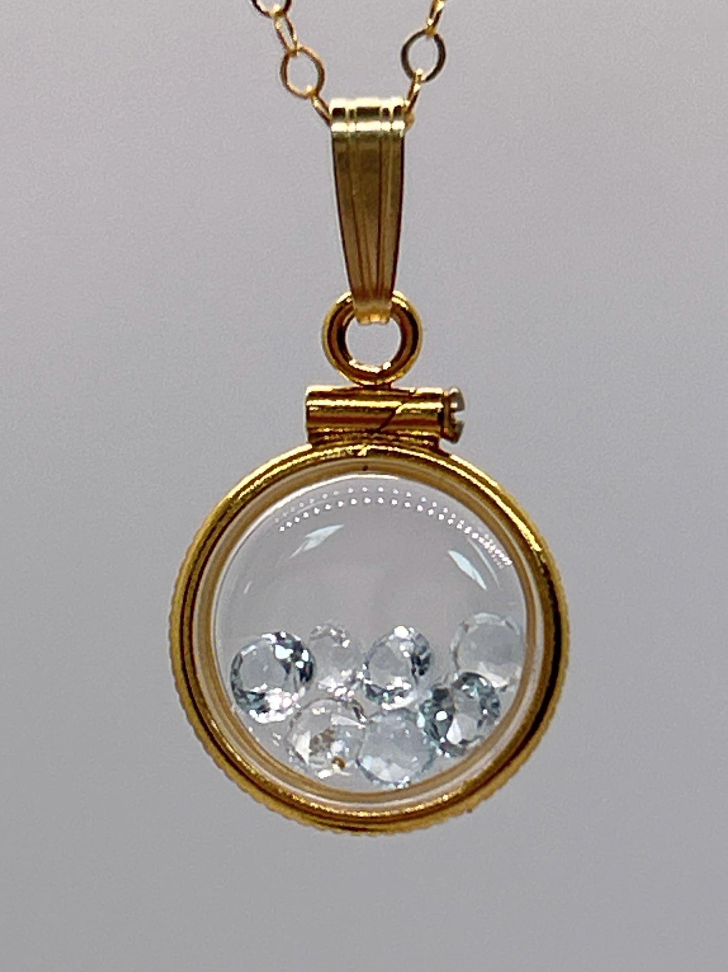 Handmade 12.5 mm 14k gold filled Gemstone Shaker Locket, 0.75 cttw. Sky Blue Topaz, Birthstone December