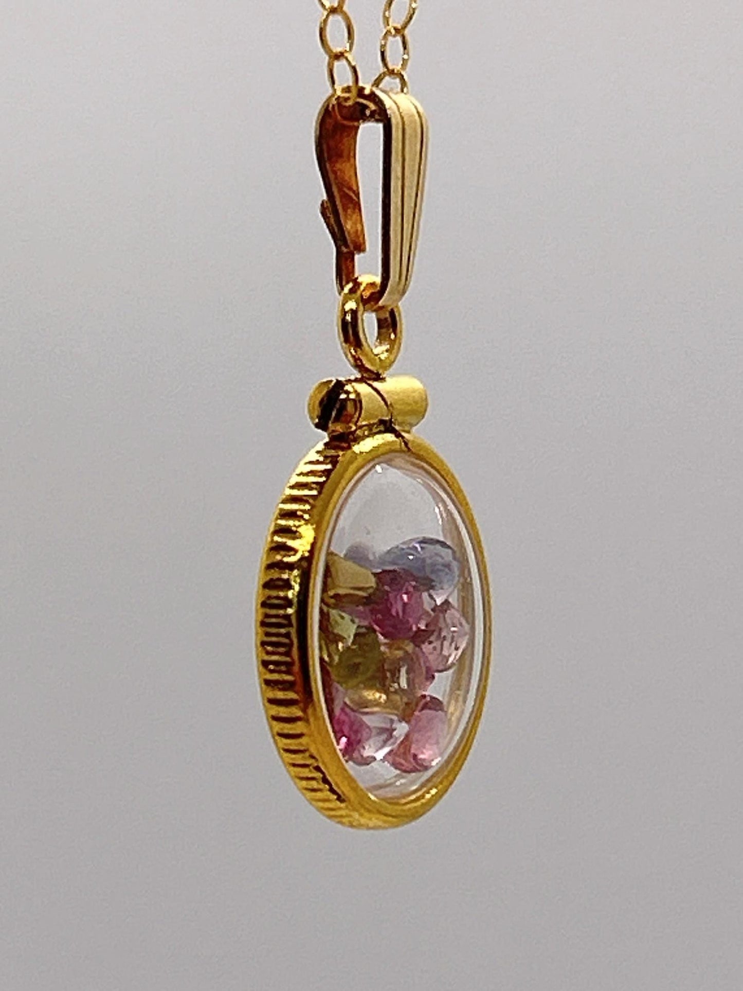 Handmade 12.5 mm 14k gold filled Gemstone Shaker Locket, 0.75 cttw. Multicolored Tourmaline, October Birthstone