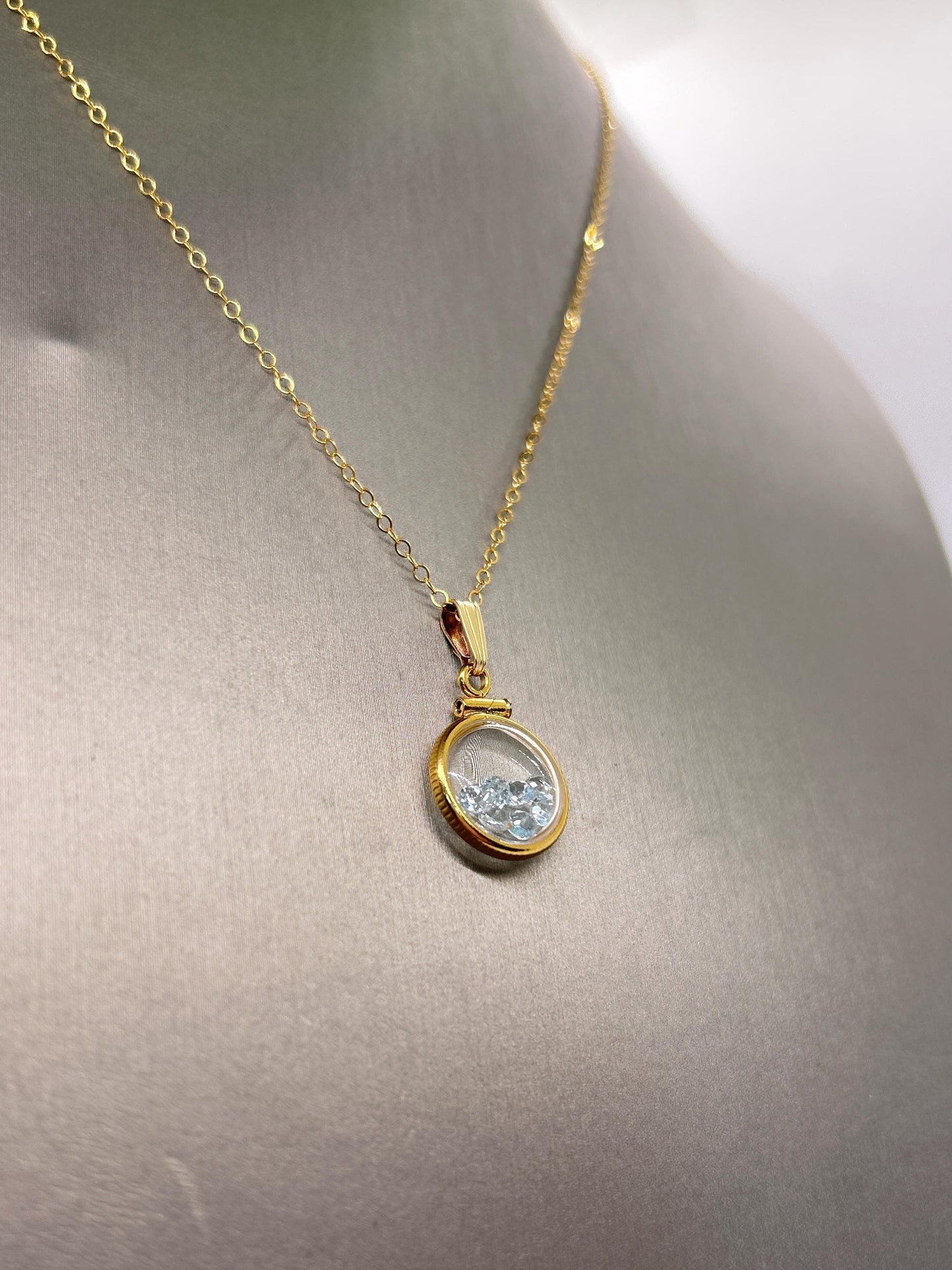 Handmade 12.5 mm 14k gold filled Gemstone Shaker Locket, 0.75 cttw. Sky Blue Topaz, Birthstone December