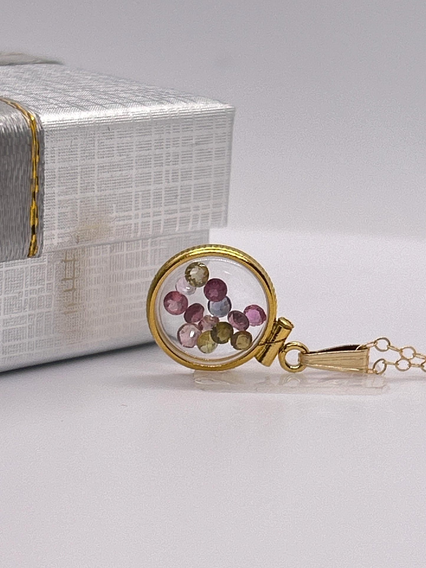 Handmade 12.5 mm 14k gold filled Gemstone Shaker Locket, 0.75 cttw. Multicolored Tourmaline, October Birthstone