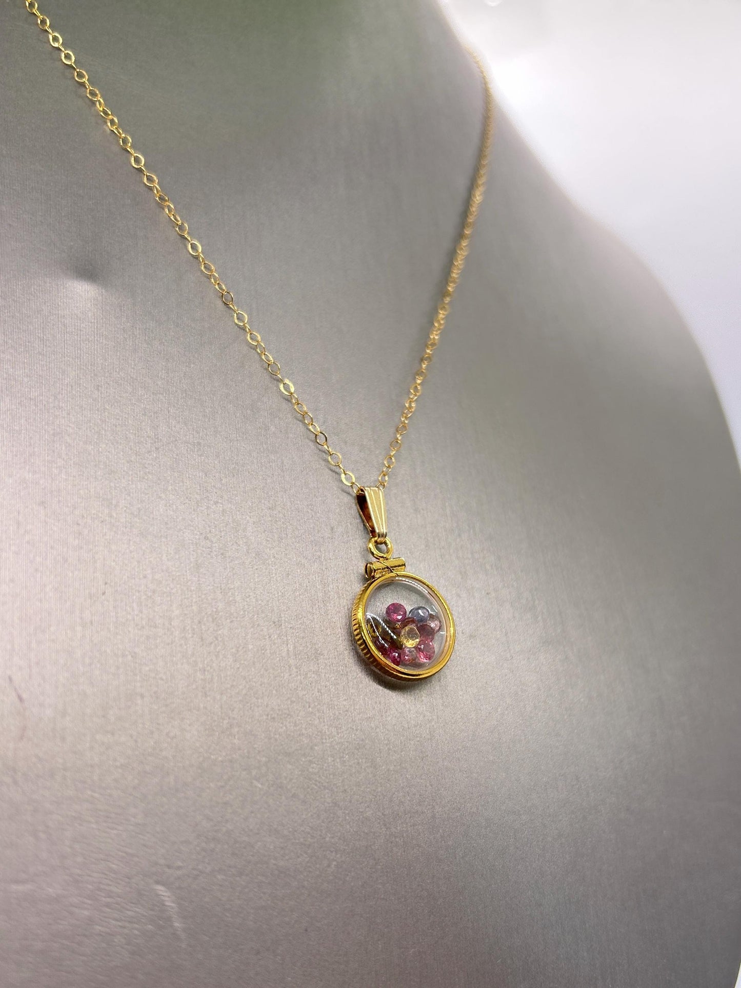 Handmade 12.5 mm 14k gold filled Gemstone Shaker Locket, 0.75 cttw. Multicolored Tourmaline, October Birthstone