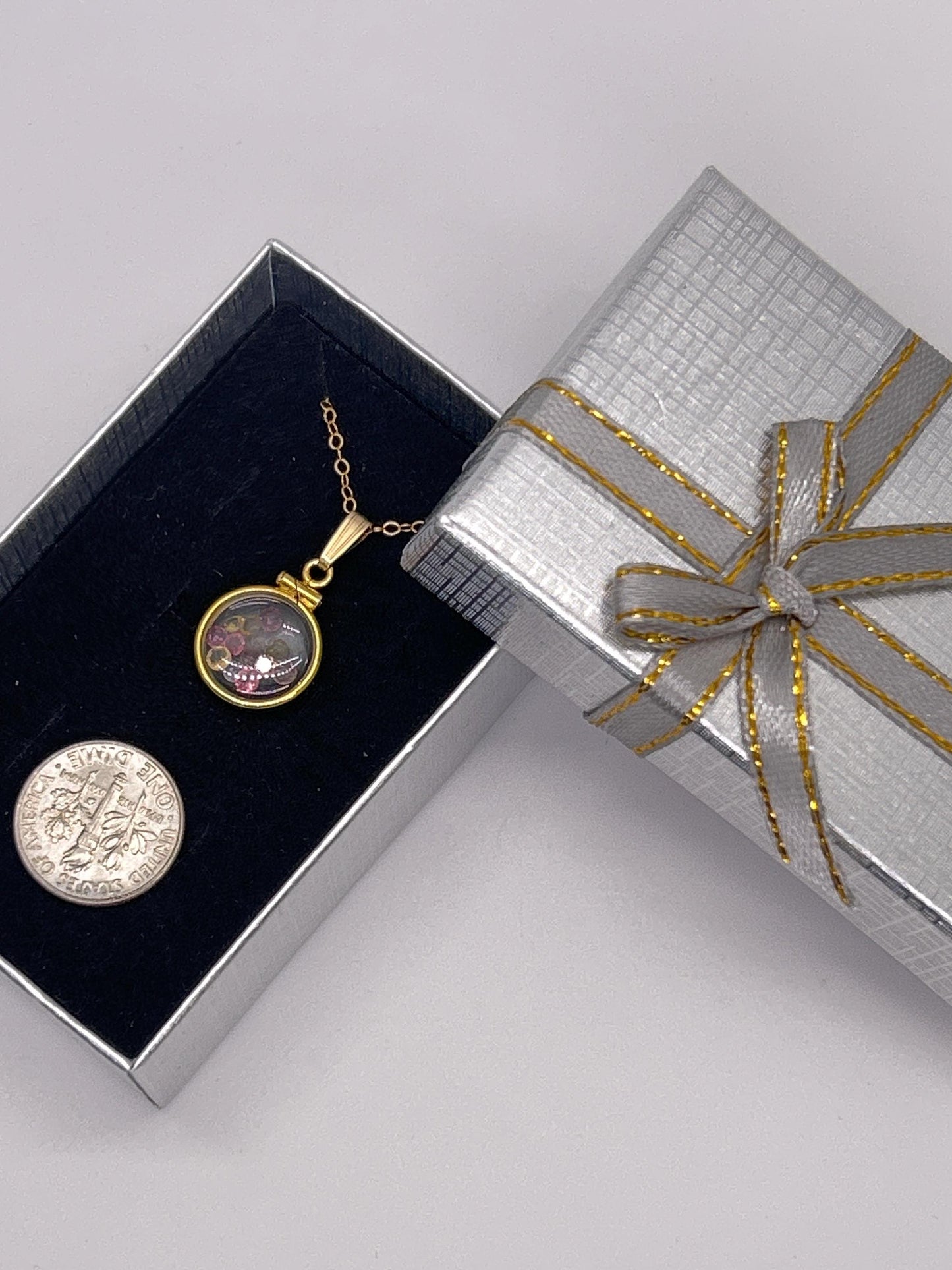 Handmade 12.5 mm 14k gold filled Gemstone Shaker Locket, 0.75 cttw. Multicolored Tourmaline, October Birthstone