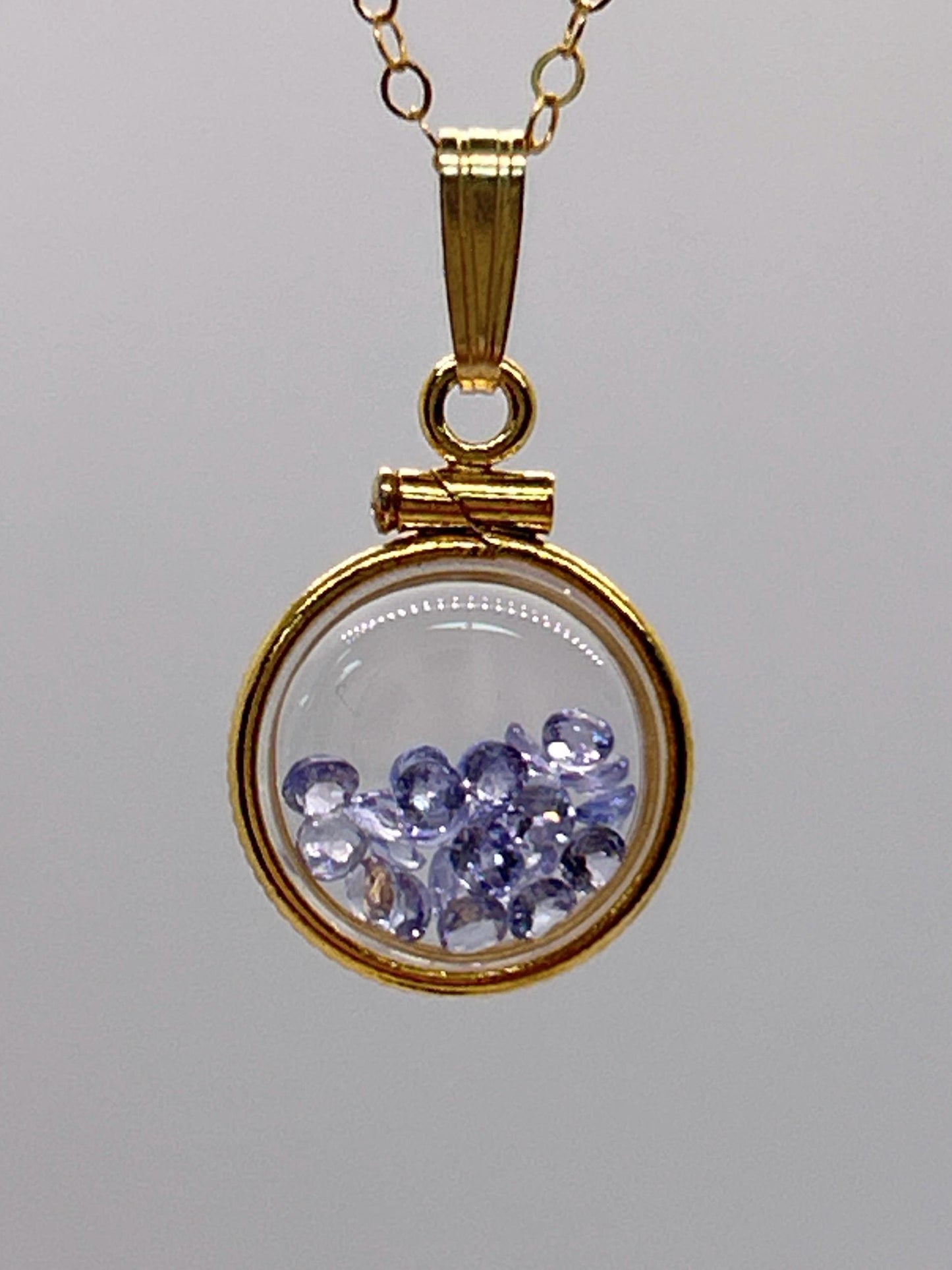 Handmade 12.5 mm 14k gold filled Gemstone Shaker Locket, 0.75 cttw. Tanzenite, Birthstone December