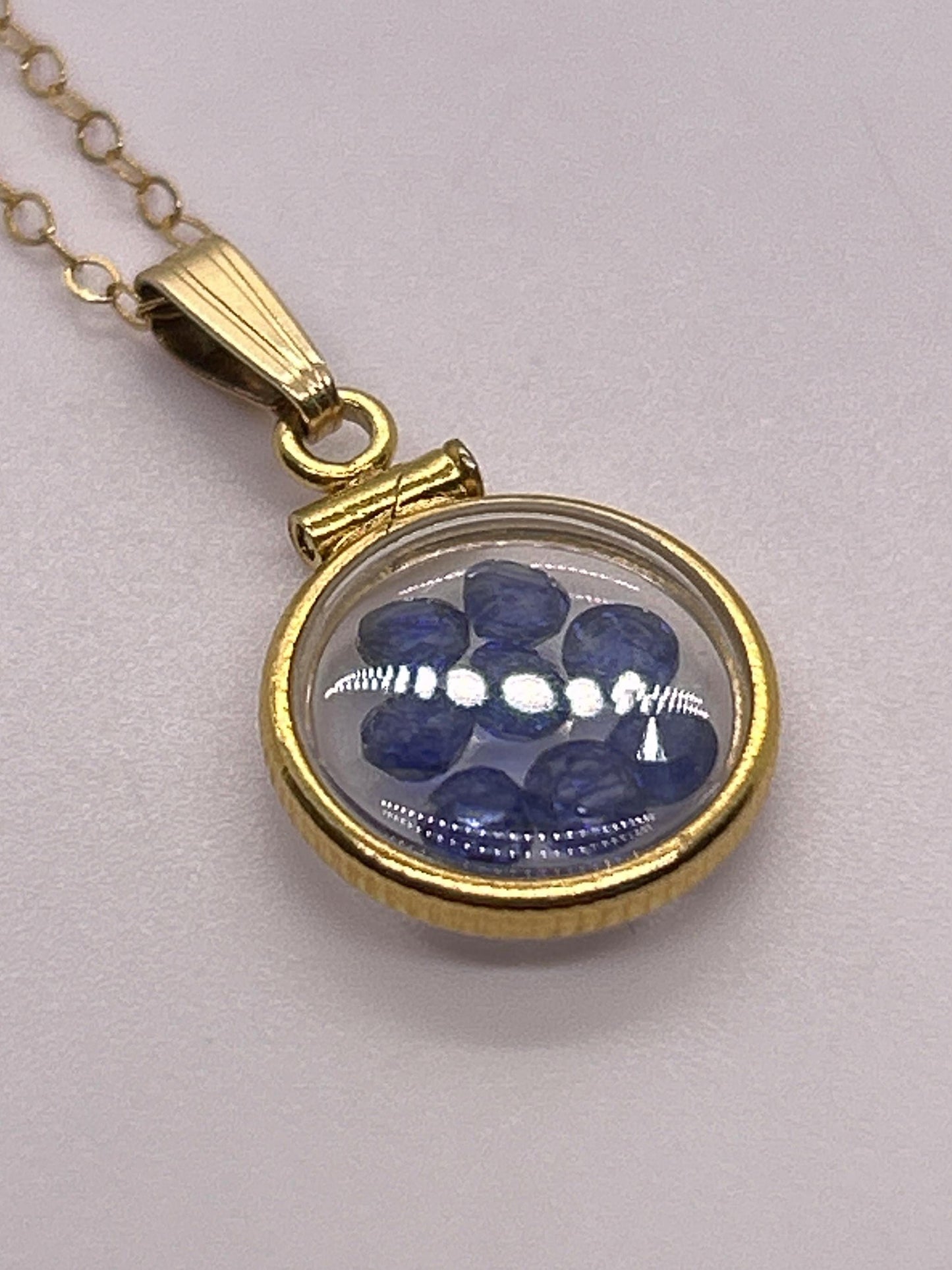 Handmade 12.5 mm 14k gold filled Gemstone Shaker Locket, 0.75 cttw. Blue Saphire, Birthstone September