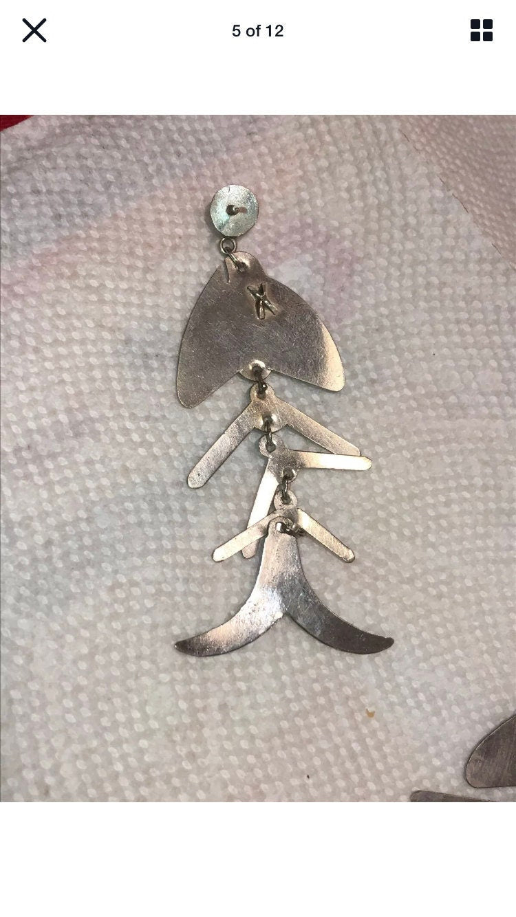 Sterling Silver Cute fish bone earrings new vintage old stock, Indonesia