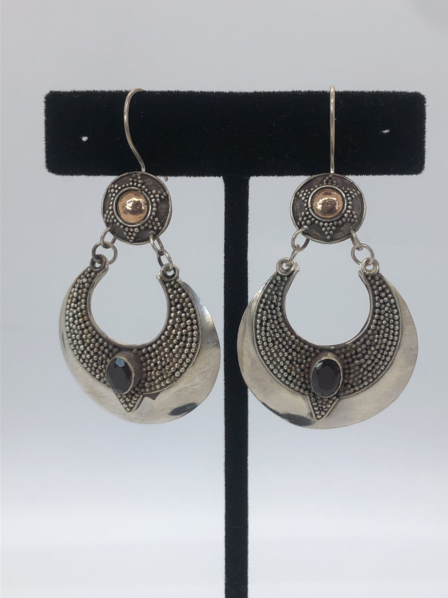 Large Handmade Sterling, Garnet and gold wash french hook Earrings Indonesia, Vintage new old stock, Beautiful