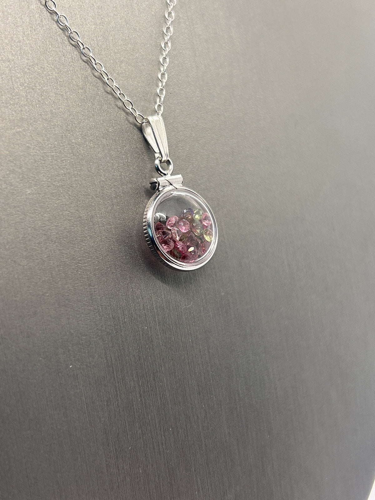 Handmade Diminutive Sterling Silver Multicolor Tourmaline Shaker Locket Lucite View Locket, Necklace, Beautiful October Birthstone. 1.4 TCW