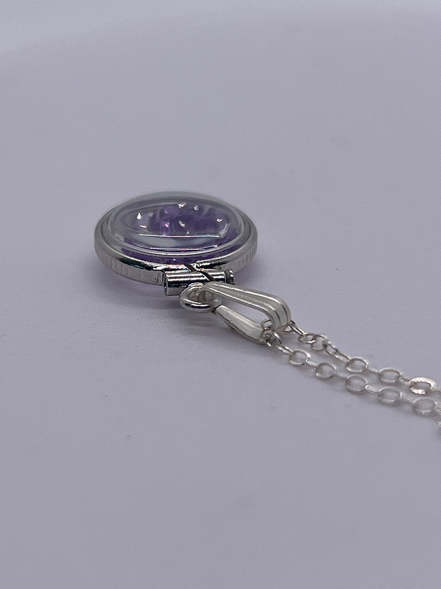 Handmade Diminutive Sterling Silver Amethyst Shaker Locket Lucite View Locket, Necklace, Beautiful February Birthstone. 1.2 TCW