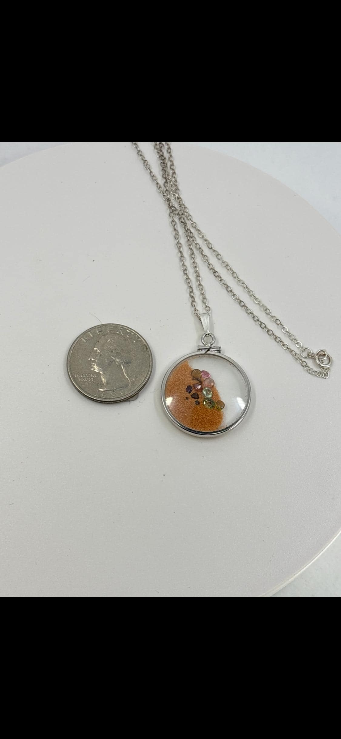 Multicolor Tourmaline Shaker locket W/ Pink Coral Sand in Sterling Silver coin edge bezel, peek a boo gems. Unique.