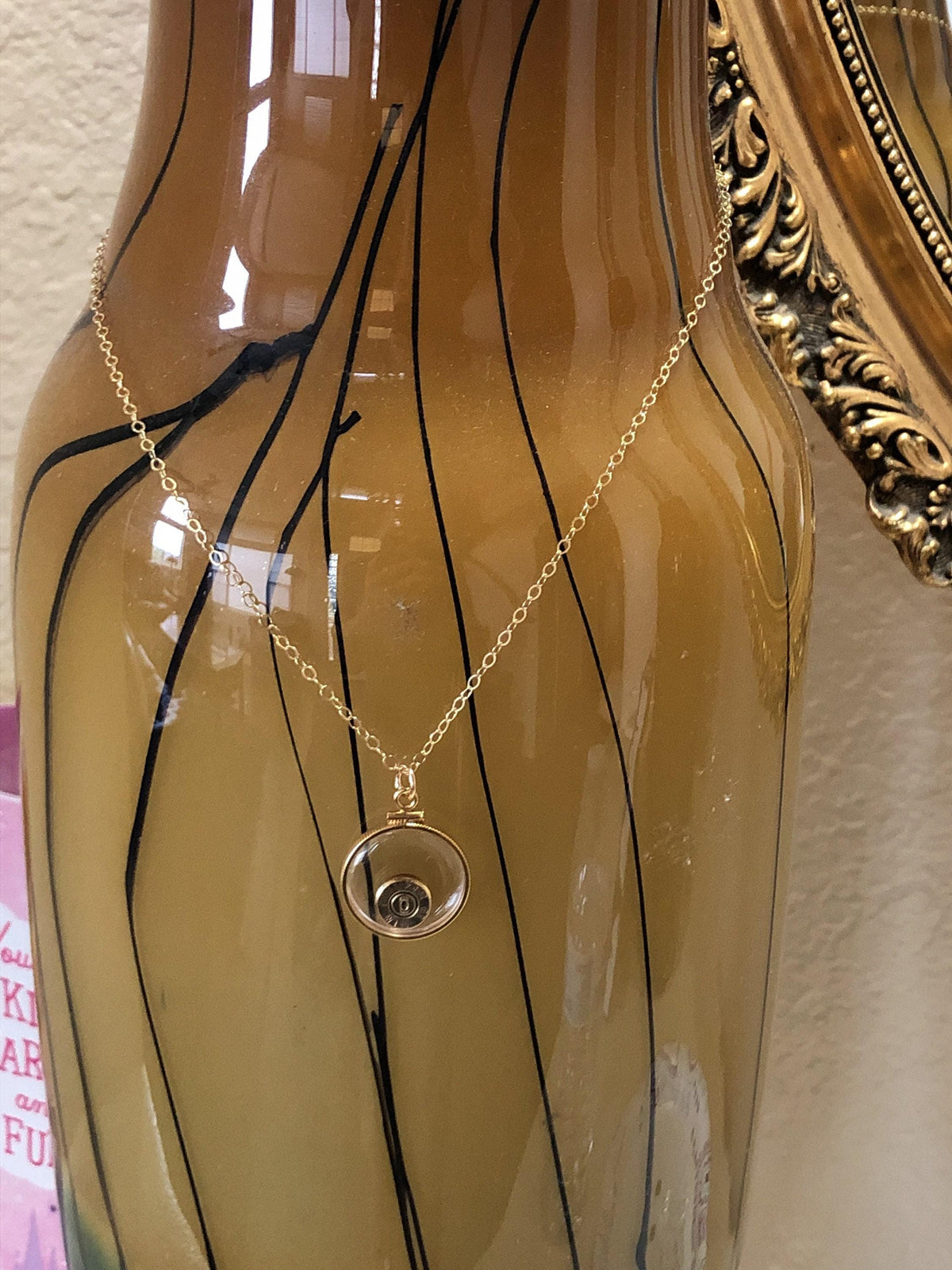 9mm bullet necklace, back to back view locket, 14k gold filled locket-new