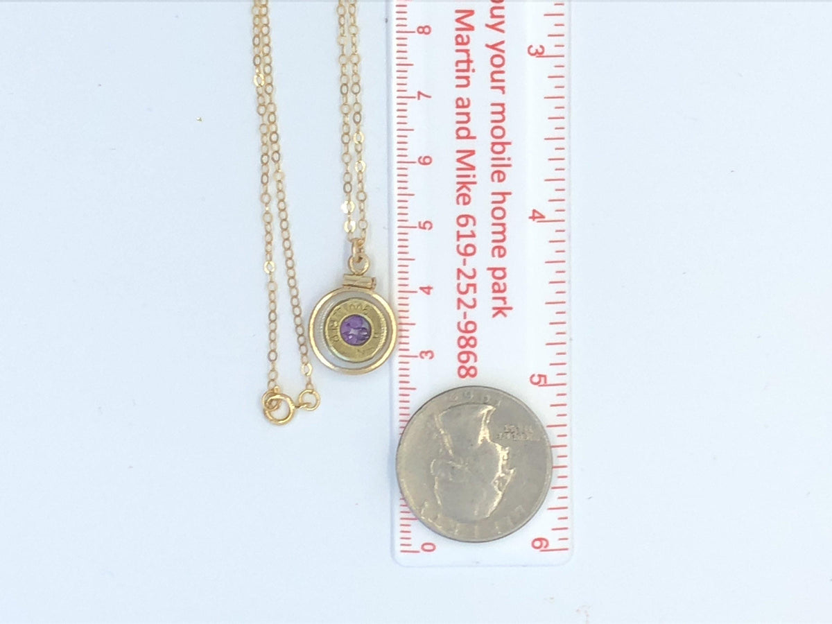 Handmade 14k gold filled 9mm bullet shaker locket, finished with 4 genuine amethyst cut gems, february birthstone