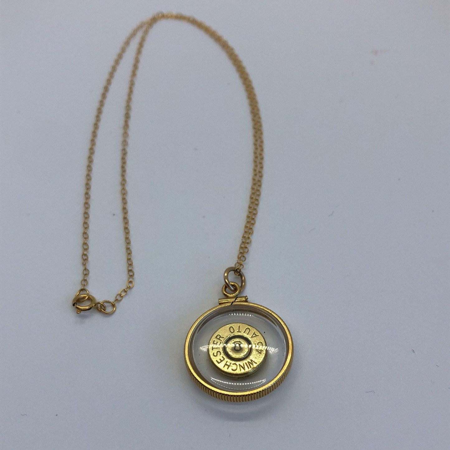 Winchester 45 cal. bullet necklace, back to back view locket, 14k gold filled locket, february birthstone