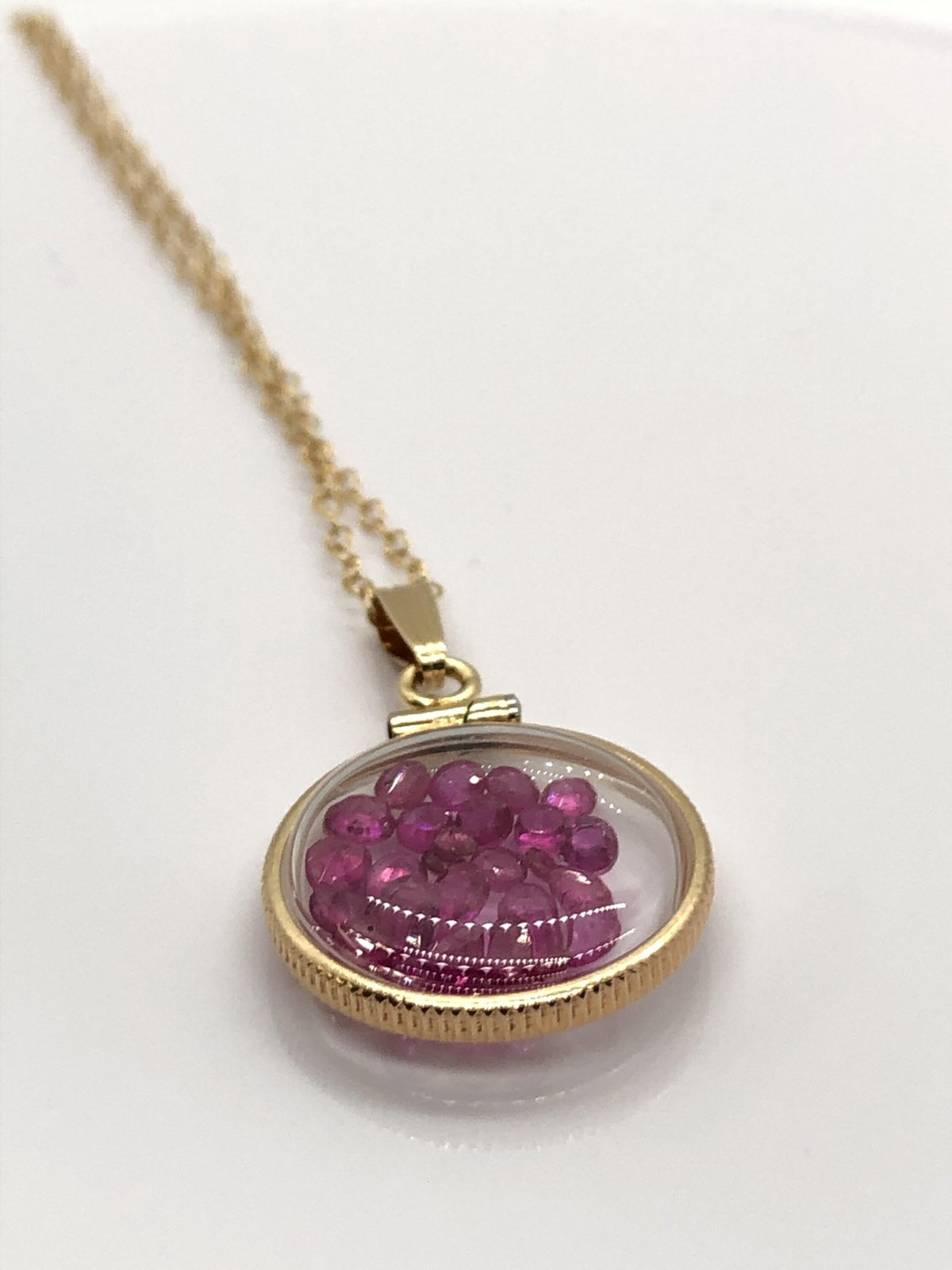 Handmade dime sized ruby shaker locket 14k gold filled with beautiful july birthstone, 2.5 tcw
