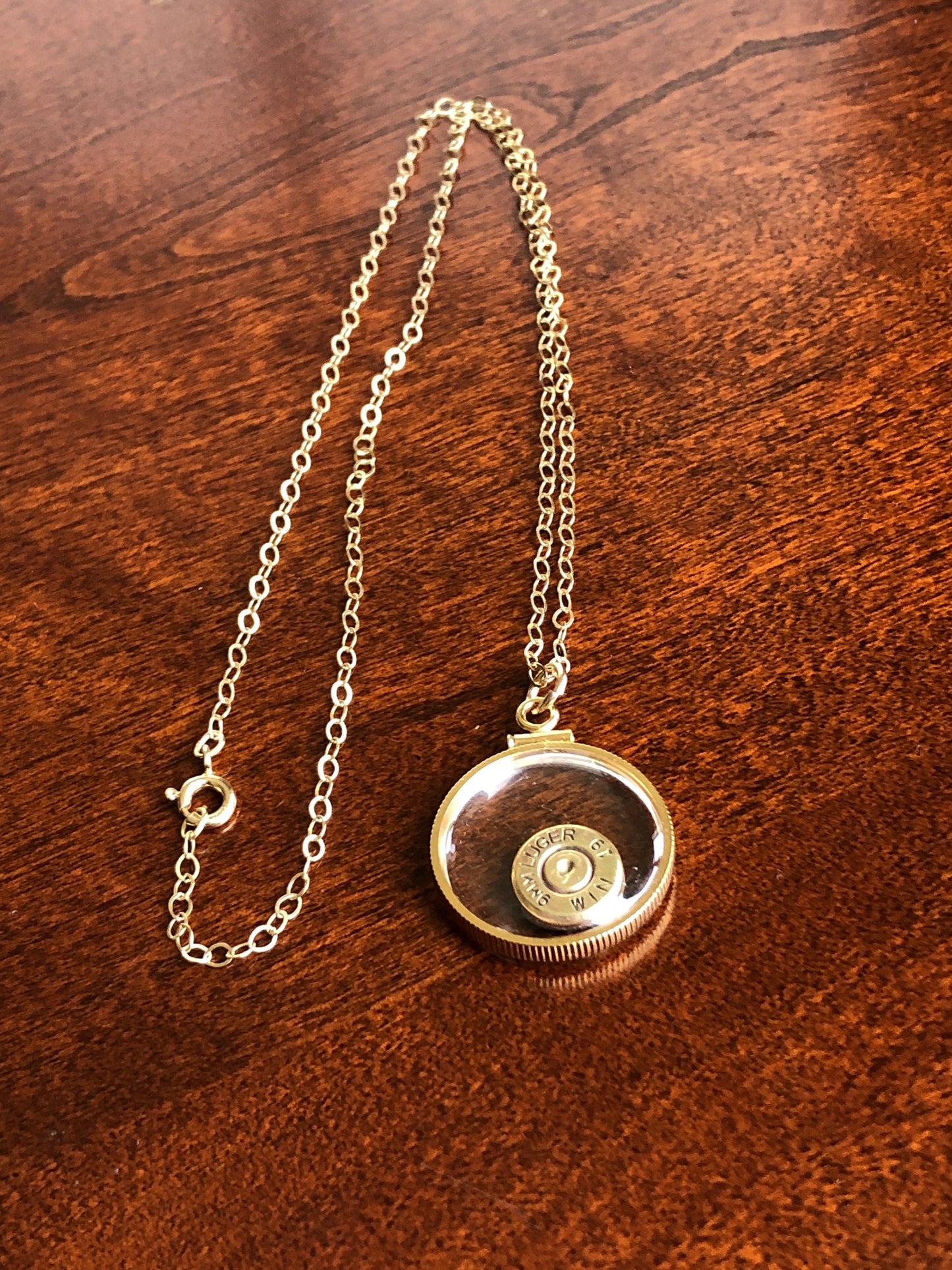 9mm bullet necklace, back to back view locket, 14k gold filled locket-new