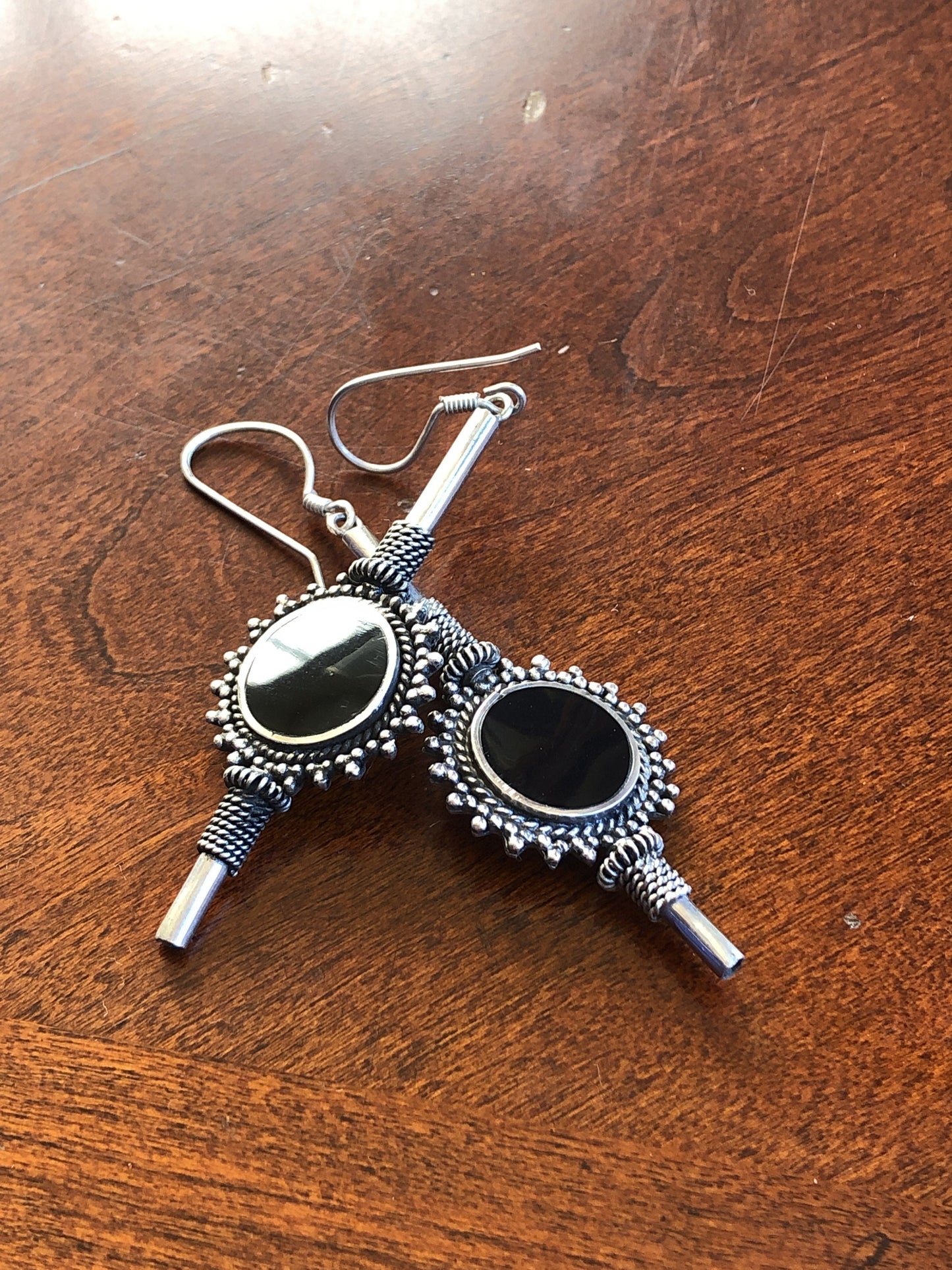 Large Handmade Sterling and Onyx Dangle Earrings Indonesia, Vintage old stock, Beautiful