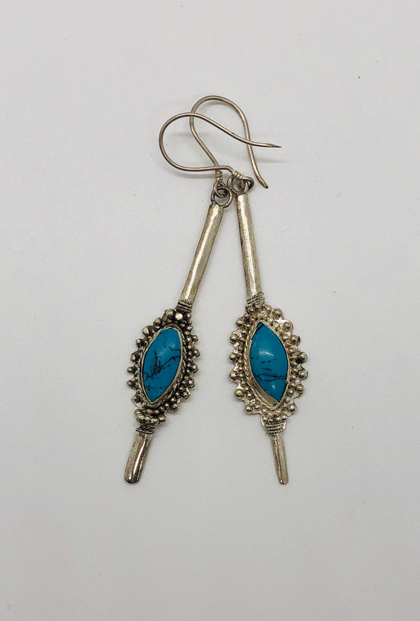 Large Handmade Sterling and Turquoise Dangle Earrings Indonesia, Vintage old stock, Beautiful