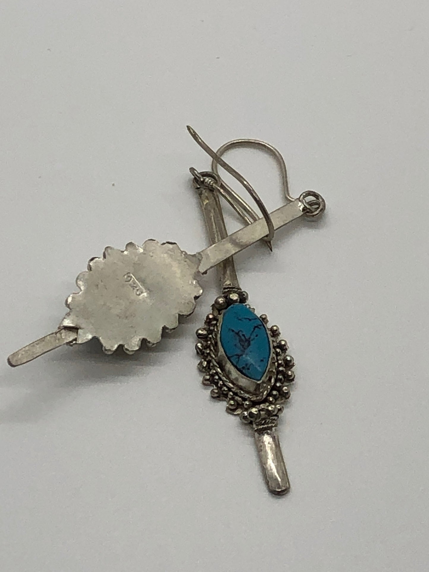 Large Handmade Sterling and Turquoise Dangle Earrings Indonesia, Vintage old stock, Beautiful