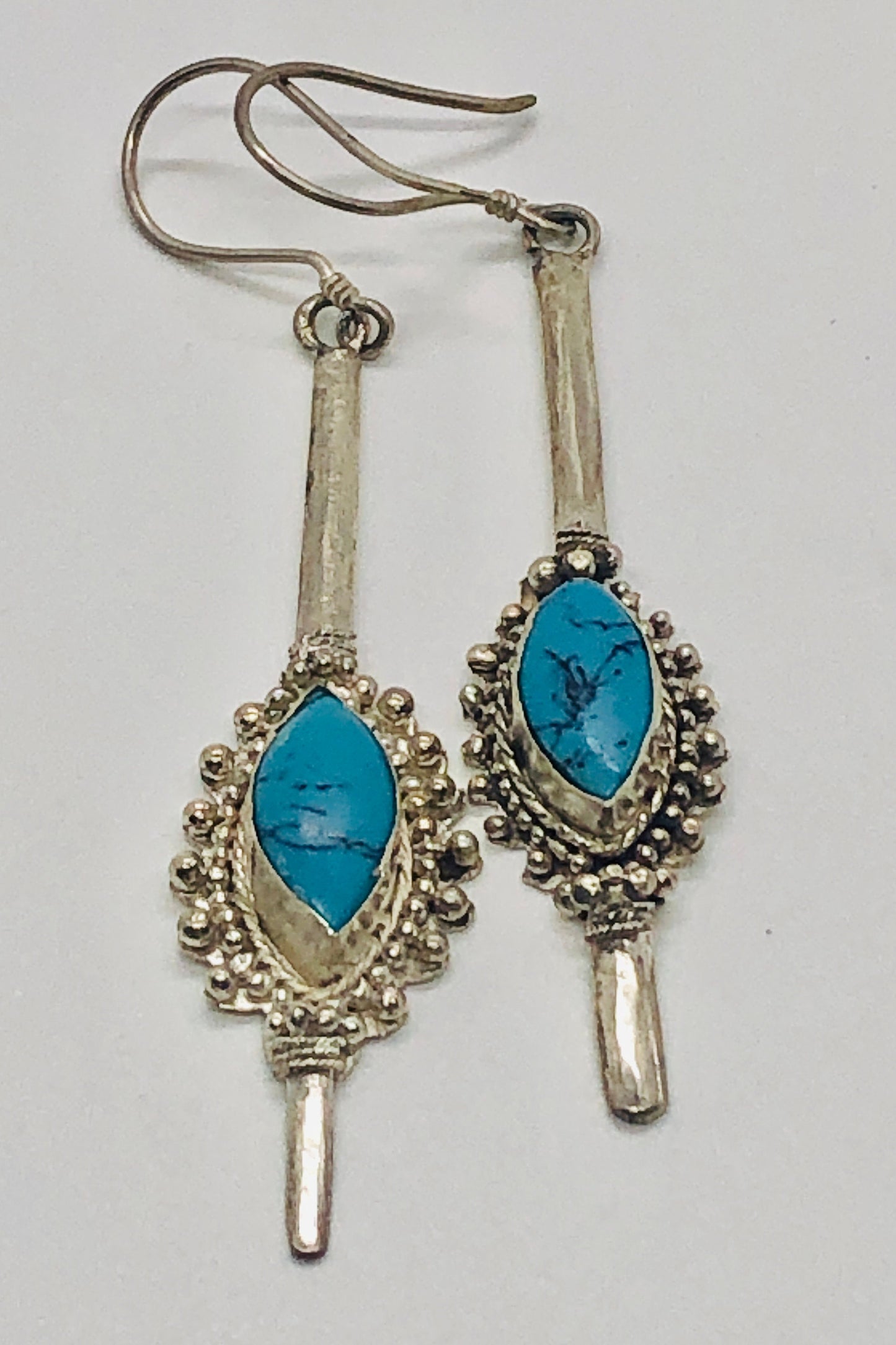 Large Handmade Sterling and Turquoise Dangle Earrings Indonesia, Vintage old stock, Beautiful