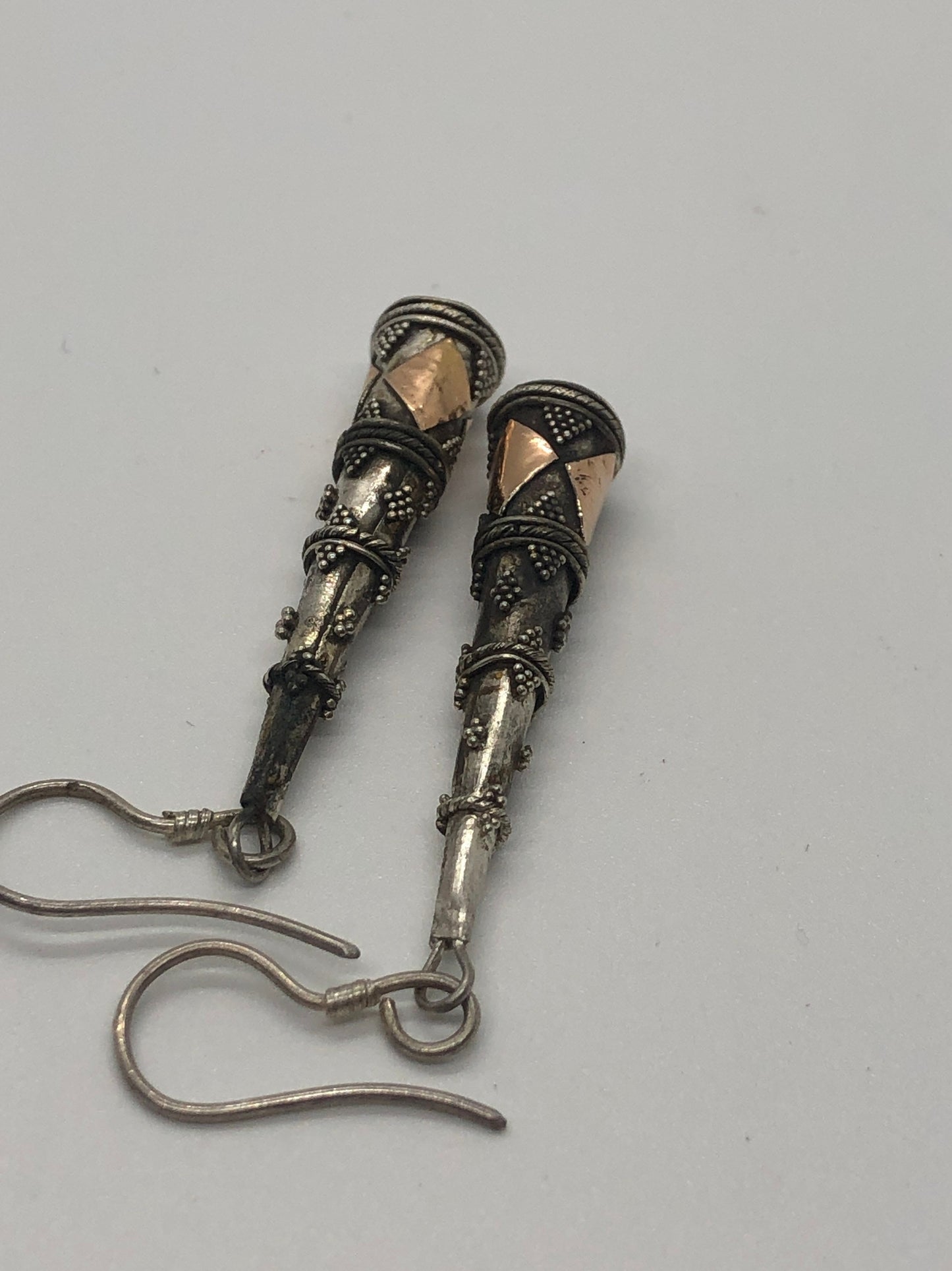 Vintage Hand made Indonesian Sterling Silver with Gold Wash Earrings, Large, new old stock, Ornate