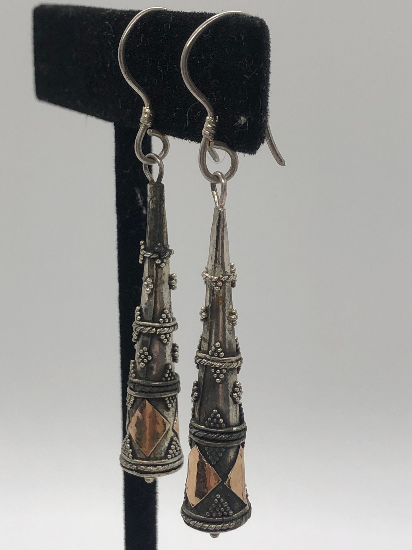 Vintage Hand made Indonesian Sterling Silver with Gold Wash Earrings, Large, new old stock, Ornate