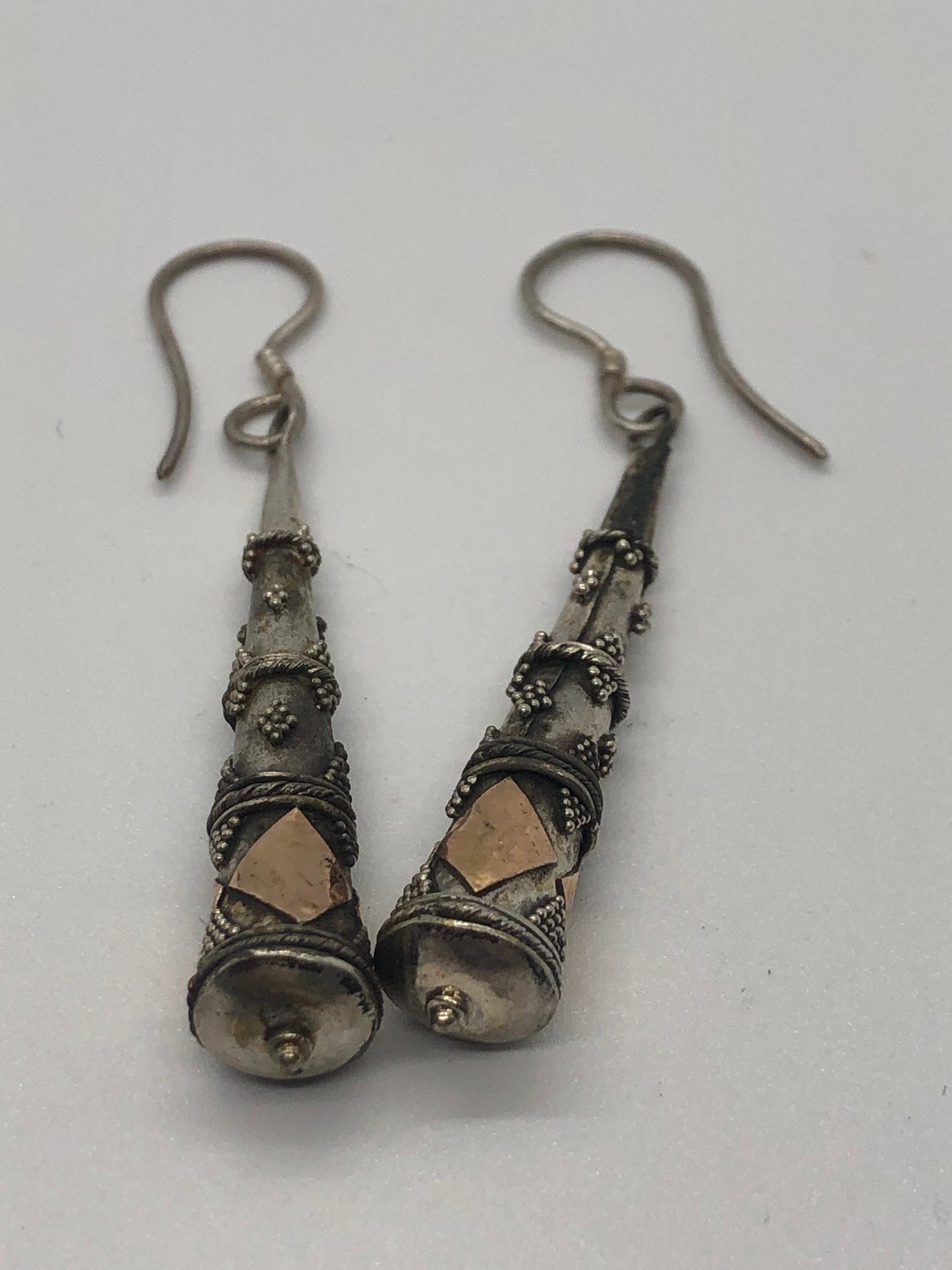 Vintage Hand made Indonesian Sterling Silver with Gold Wash Earrings, Large, new old stock, Ornate