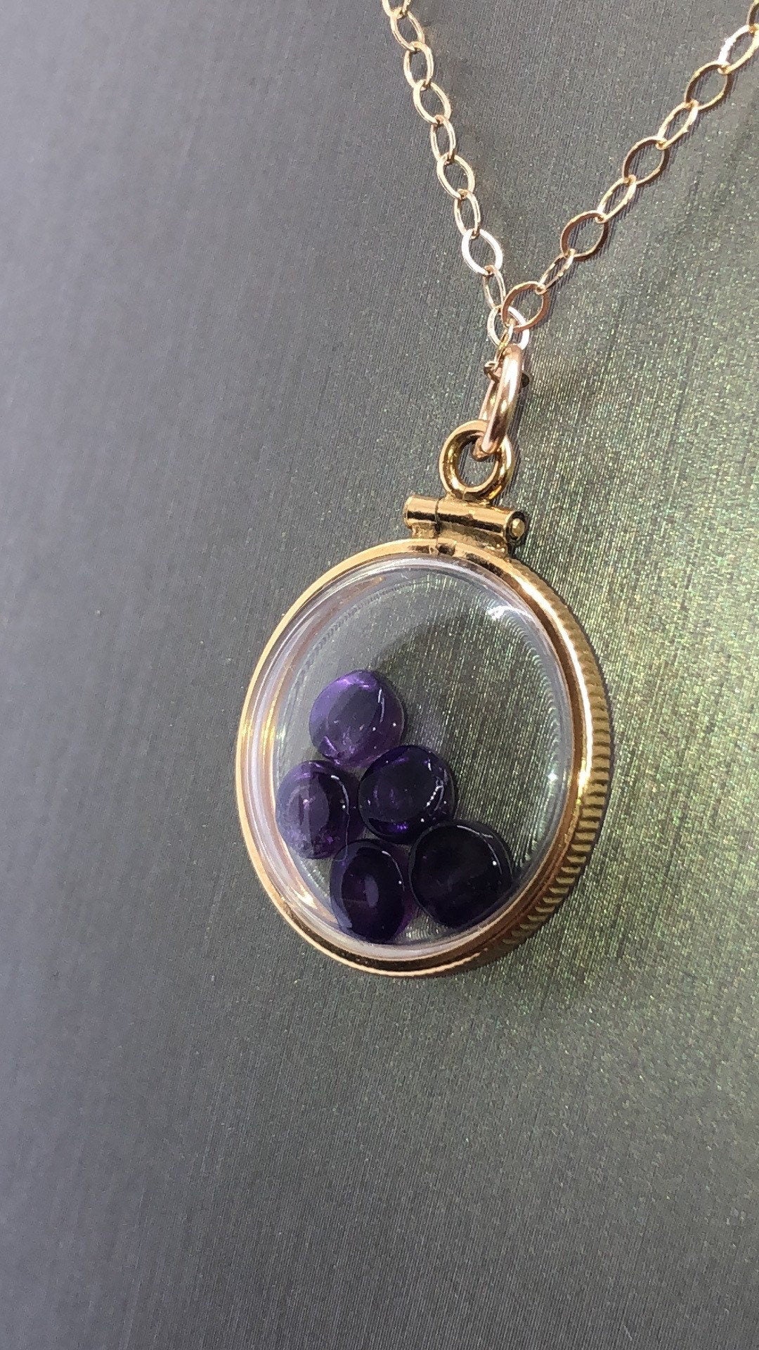 Vintage Amethyst Shaker Locket, gold filled with natural gems, handmade, new old stock 50 years old, customize one for Mother's Day just ask