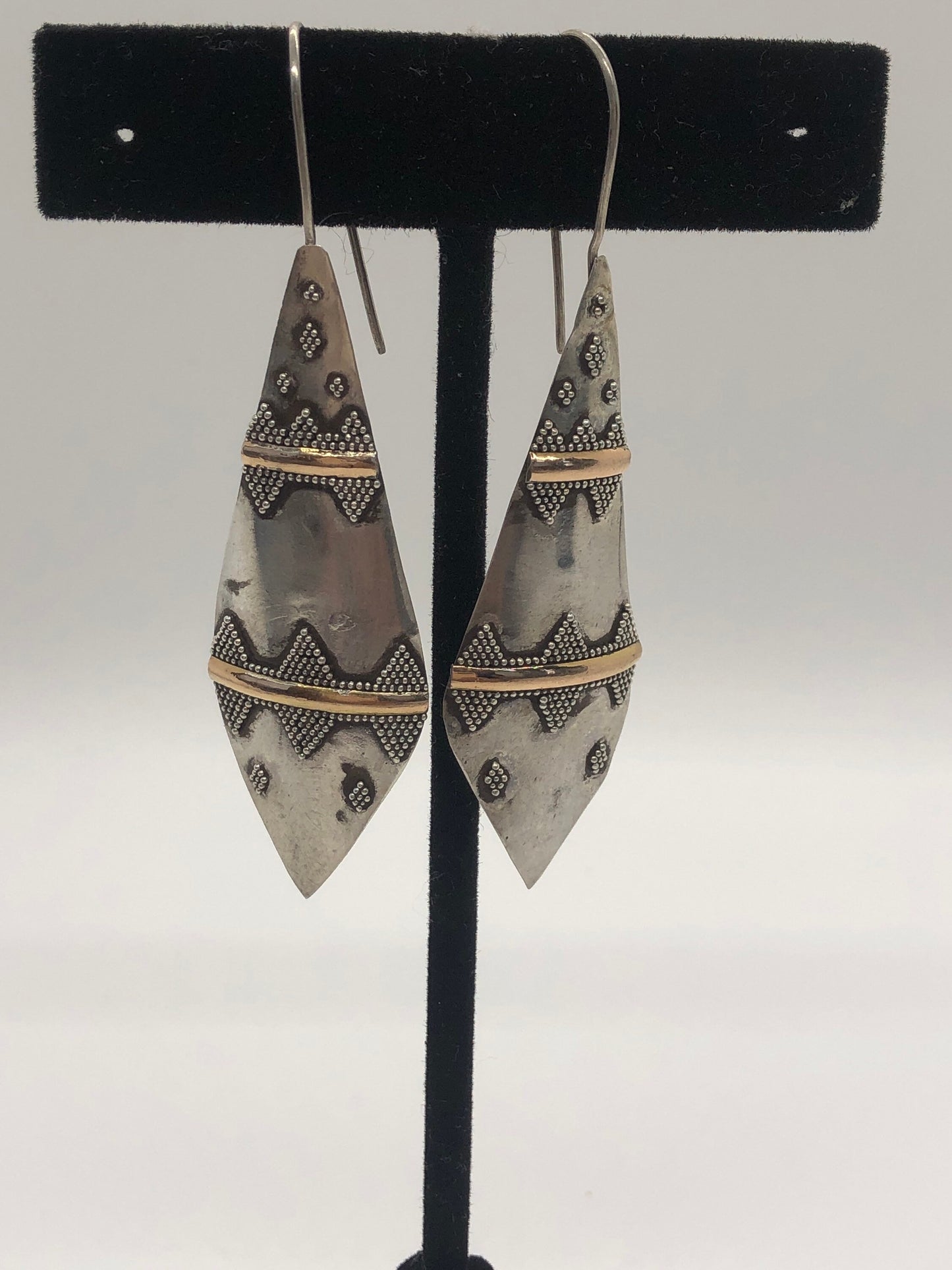 Vintage Hand made Indonesian Sterling Silver with Gold Wash Earrings, Large, new old stock, shields